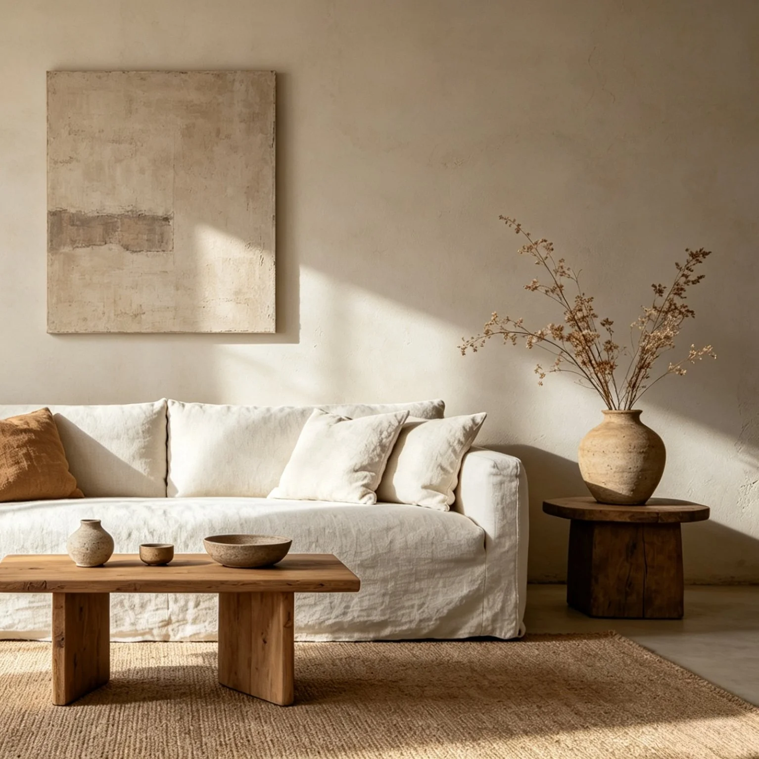 living area with white sofa, coffee table staged with wabisabi decorations, close up shot