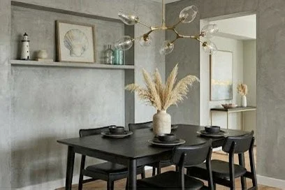 modern style dining area with black dining table and chairs