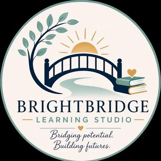 Logo for Brightbridge Learning Studio featuring a stylized bridge, a tree, a rising sun, and stacked books with a heart, and the slogan 'Bridging potential. Building futures.'