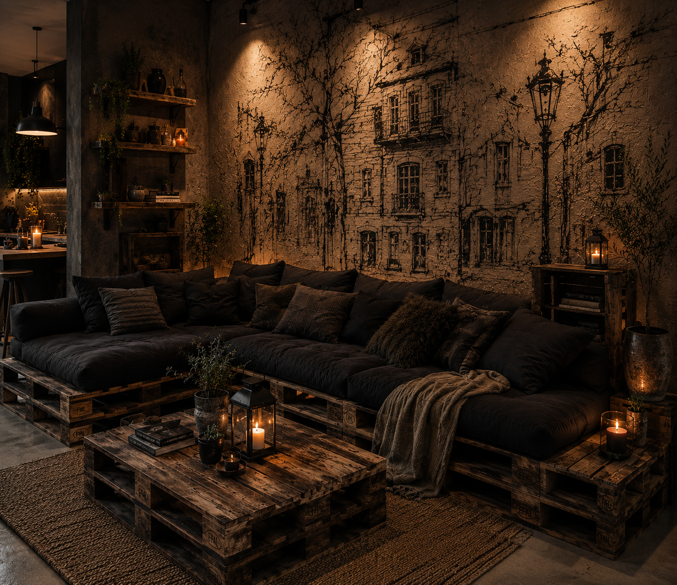 A cozy living room with a black cushioned sofa made from wooden pallets, decorated with various pillows. There are candles, lanterns, and plants on the coffee table and side tables, creating a warm ambiance. The wall behind features a detailed mural 