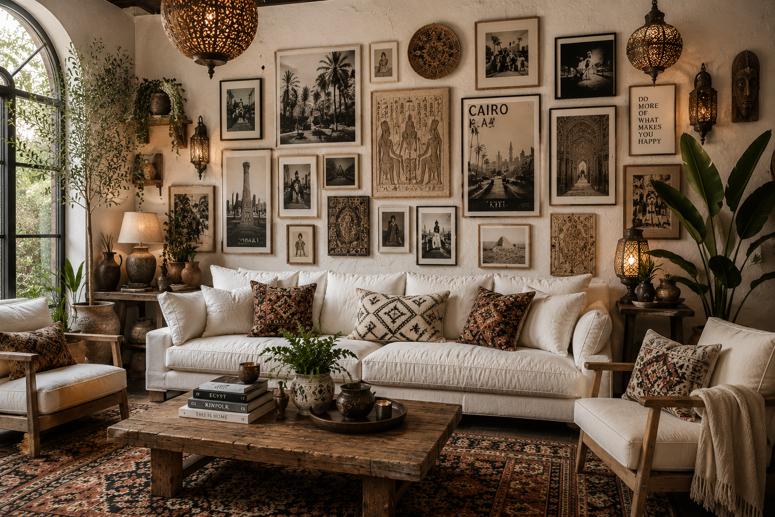 Living room with white sofas and wooden furniture, decorated with patterned pillows, a gallery wall with various black and white pictures and artwork depicting Egyptian and Middle Eastern themes, large green plants, and warm lighting from table lamps