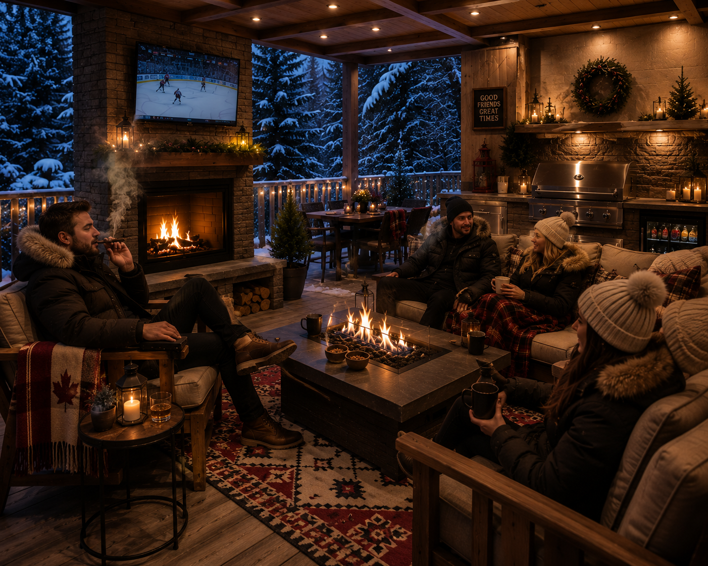 Group of friends enjoying a cozy evening indoors by the fireplace, with snow-covered trees visible outdoors, decorated for winter with candles and holiday decorations, some wearing winter coats and knit hats, sitting around a fire table with drinks.