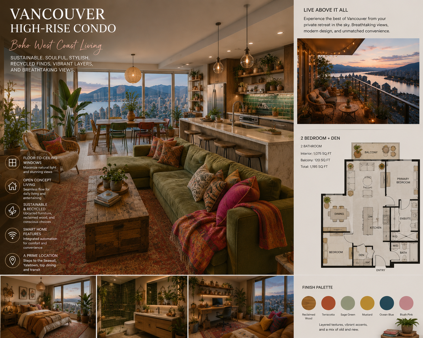 Interior of a high-rise condo with large windows offering city and mountain views, featuring a living room with a green velvet sofa, colorful pillows, wooden coffee table, and plants, open kitchen with bar stools, and a dining area with a wooden tabl