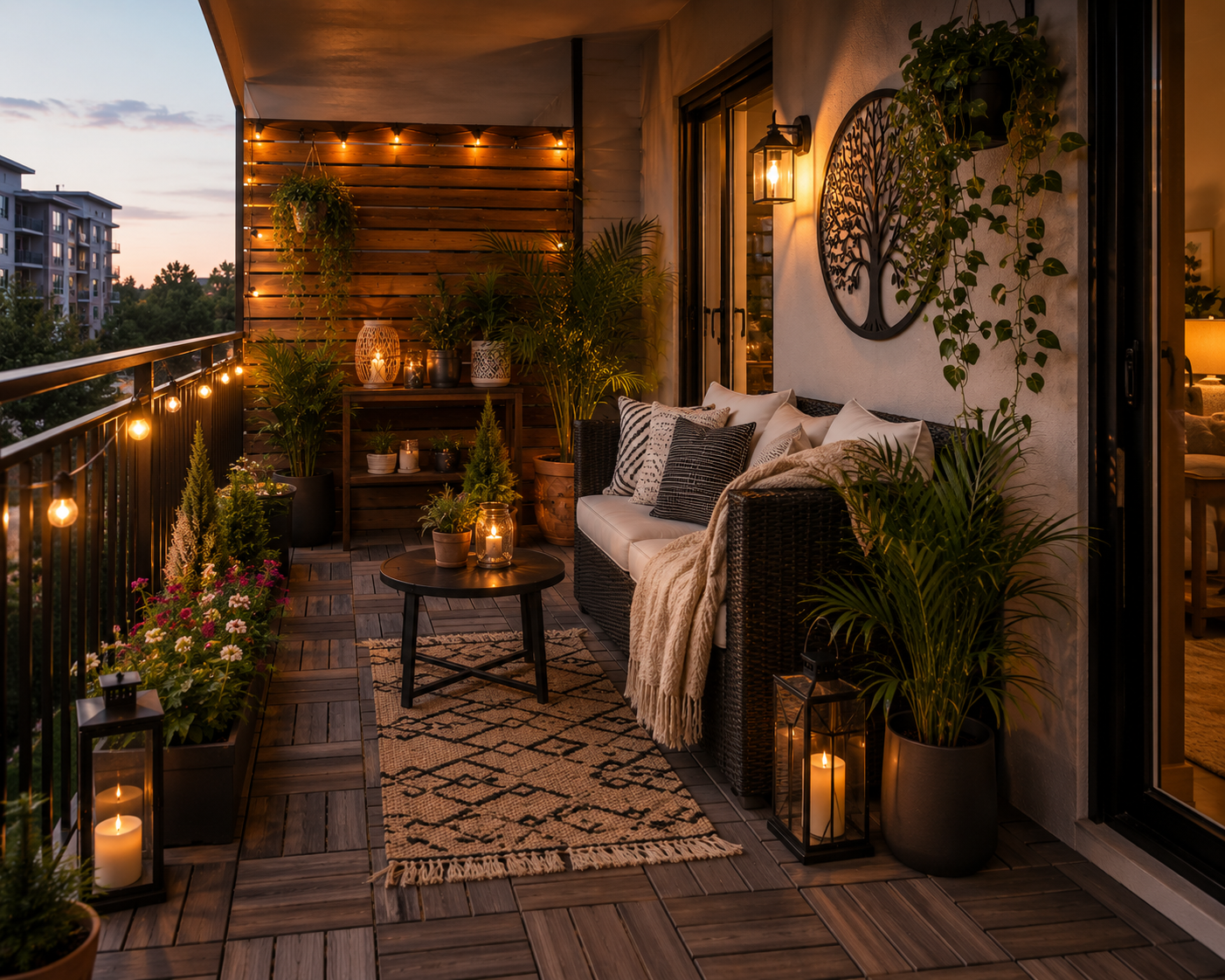 A cozy balcony decorated with string lights, candles, potted plants, and a woven sofa with cushions and a throw blanket. There is a small round table and a rug on the wooden floor, with a cityscape view in the background at sunset.