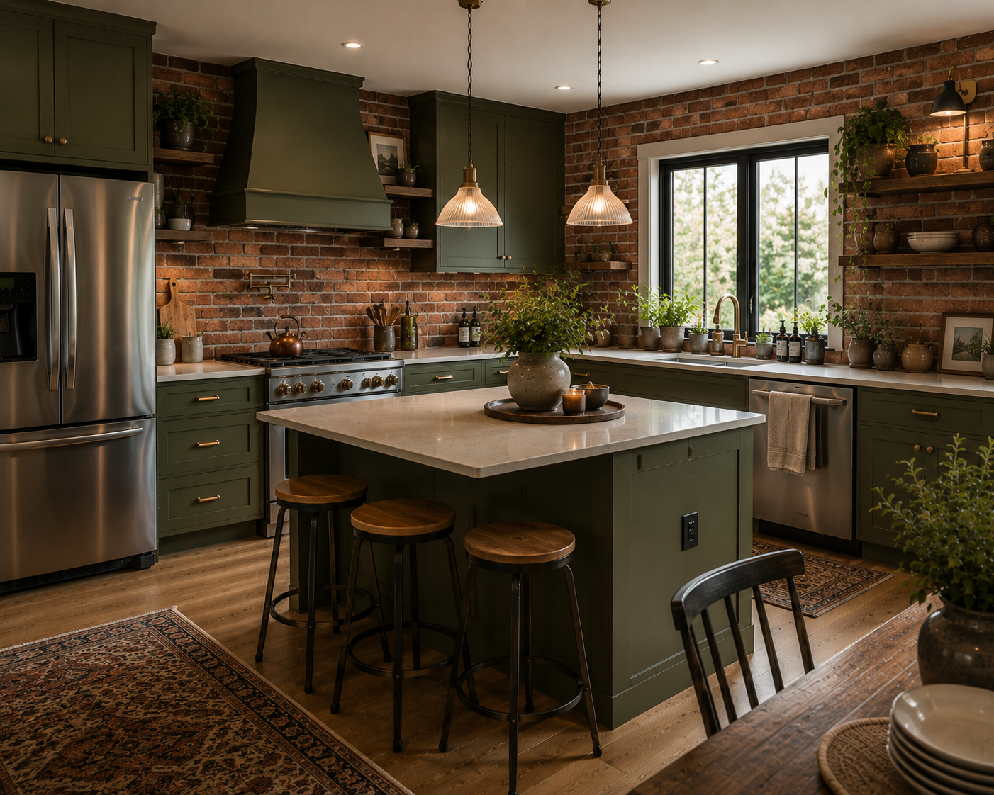 Modern kitchen with green cabinets, brick walls, a large central island, stainless steel appliances, and an abundance of potted plants on the windowsill and shelves.