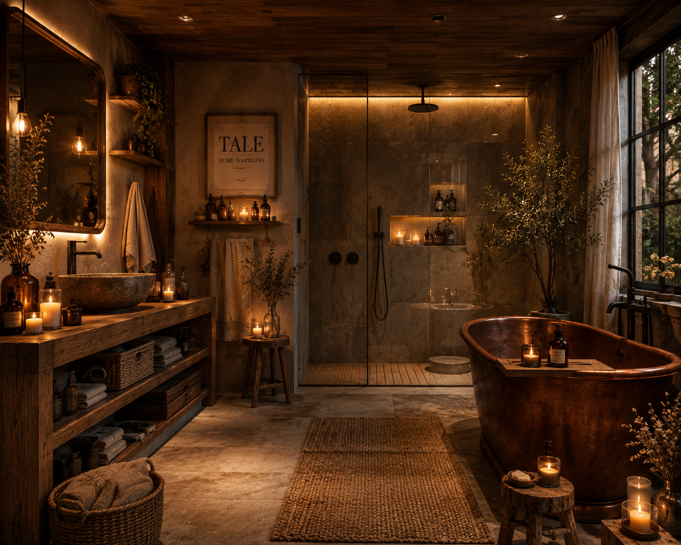 A cozy bathroom with warm candle lighting, featuring a rustic bathtub, a walk-in shower, a wooden vanity with a stone sink, and lush greenery.