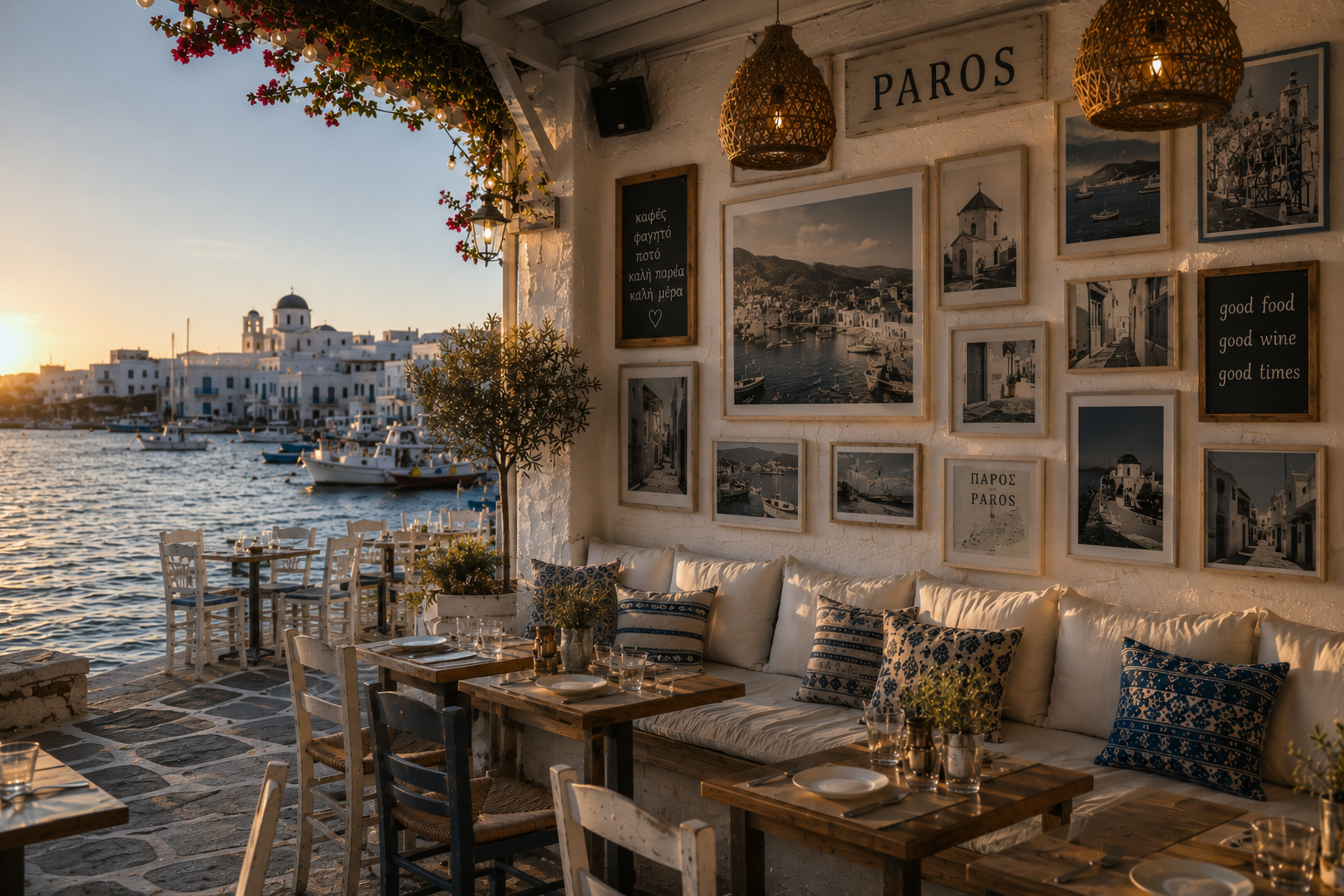 Outdoor restaurant at sunset overlooking a harbor with boats, white buildings, and a church in Paros, Greece. The restaurant features a white wall decorated with framed pictures and signs, wicker hanging lamps, and cozy seating with cushions.