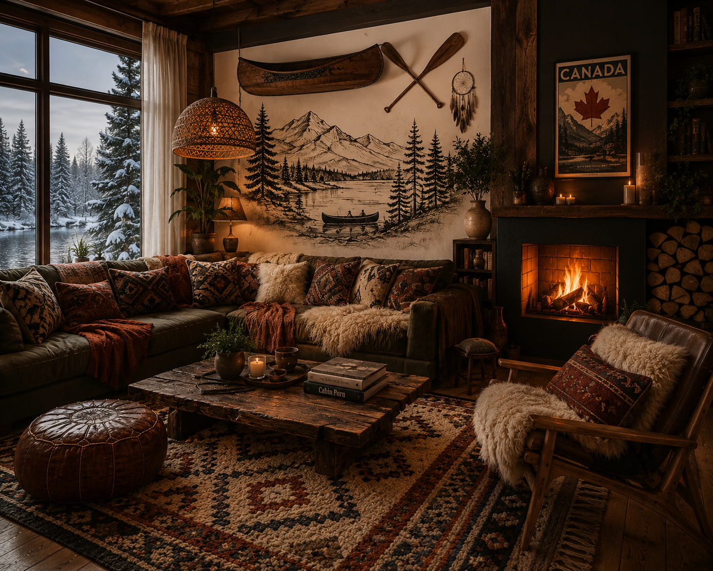  living room with a large sectional sofa, patterned cushions, a rustic coffee table, and a leather armchair. There is a fireplace with a fire burning, candles, and a woodpile beside it. The room has a large window with snowy trees outside, and the wa