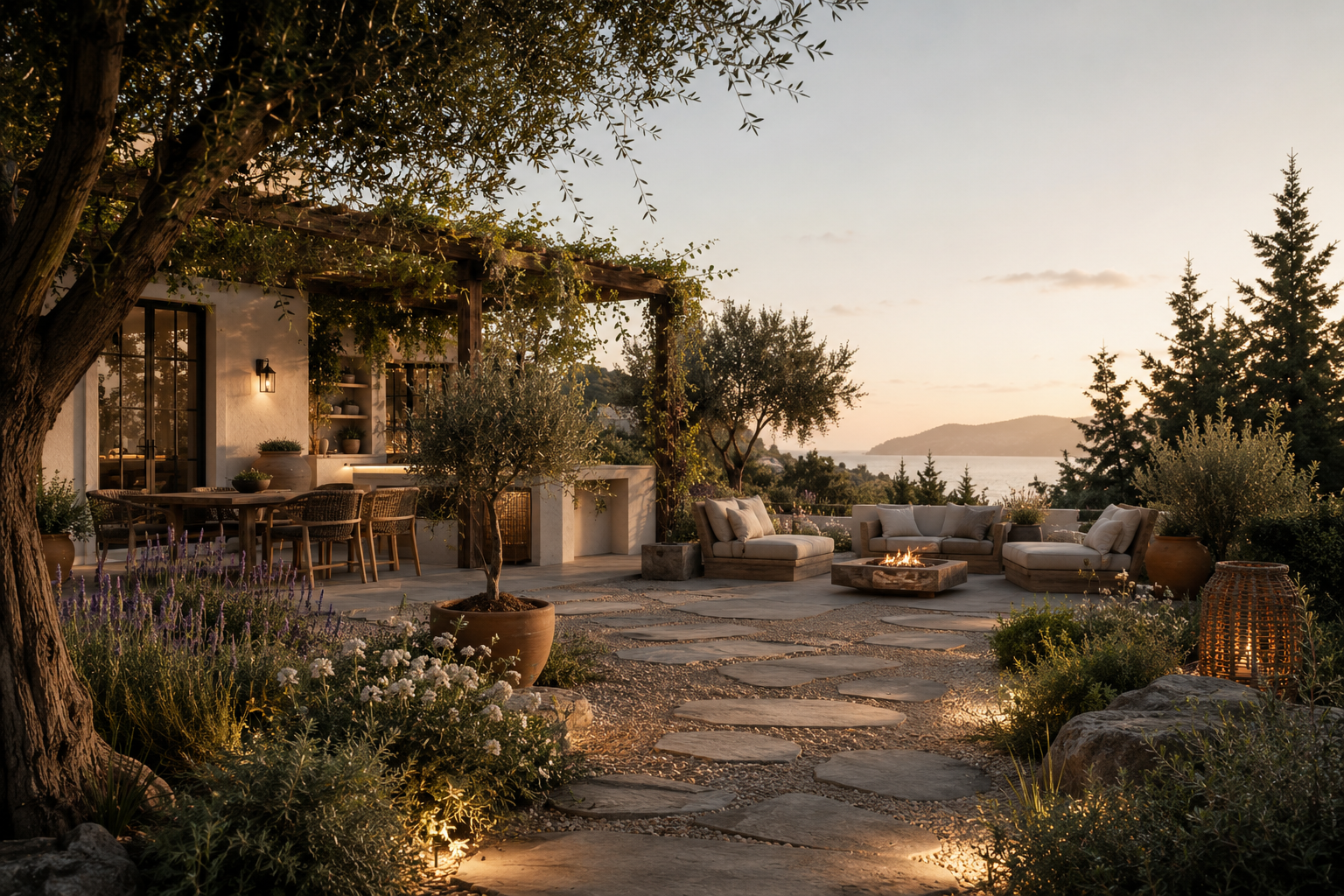 An outdoor patio area at sunset with seating, firepit, potted plants, trees, and a view of the water and hills in the background.