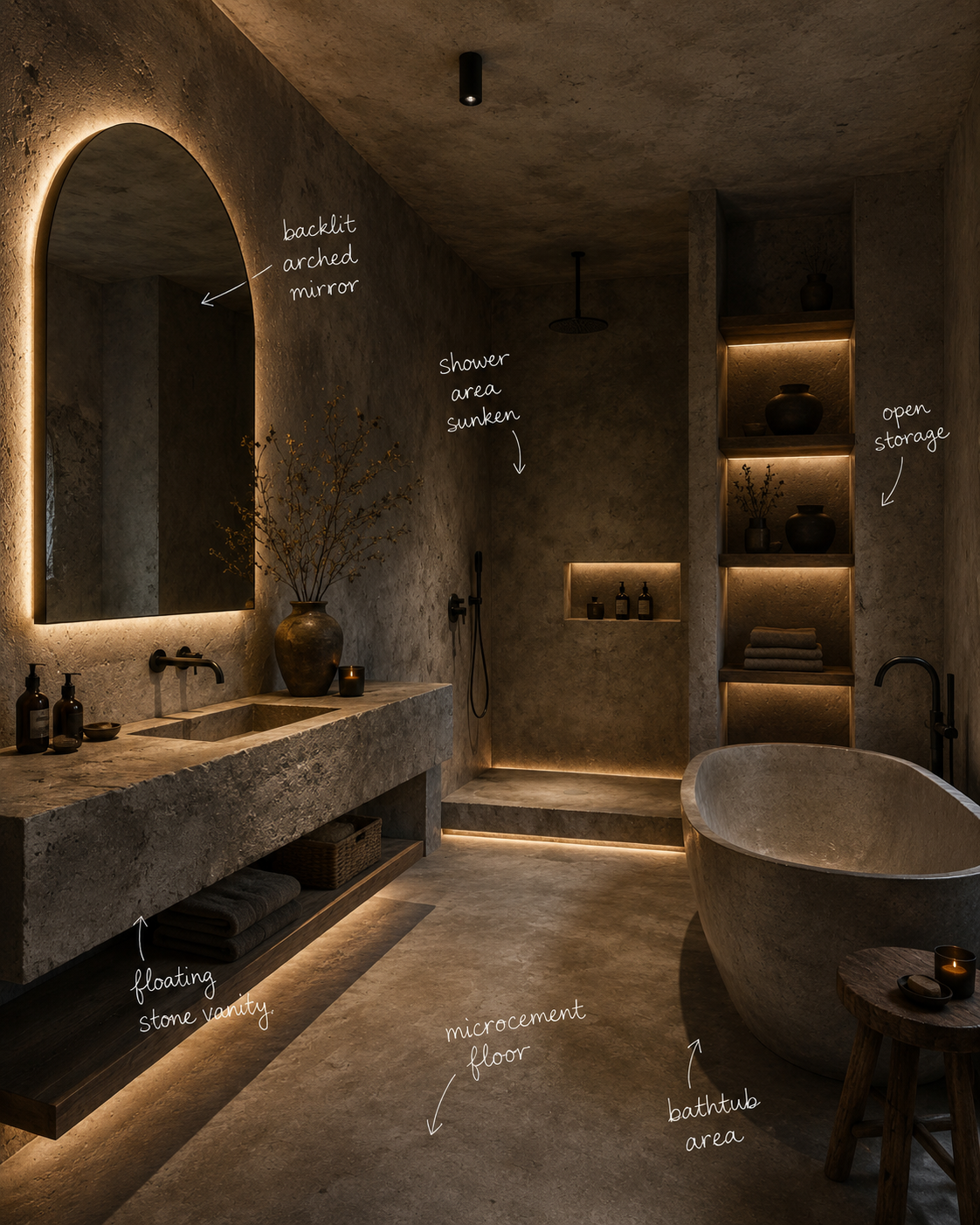 A modern bathroom with a backlit arched mirror, stone vanity with a vessel sink, floating stone vanity shelf, open storage shelves illuminated from within, a sunken shower area, and a freestanding bathtub. The design features a minimalist, earthy aes