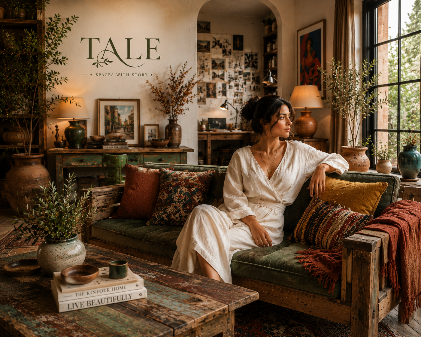 A woman in a white dress sitting on a vintage green sofa in a cozy, decorated living room with plants, lamps, and artwork.