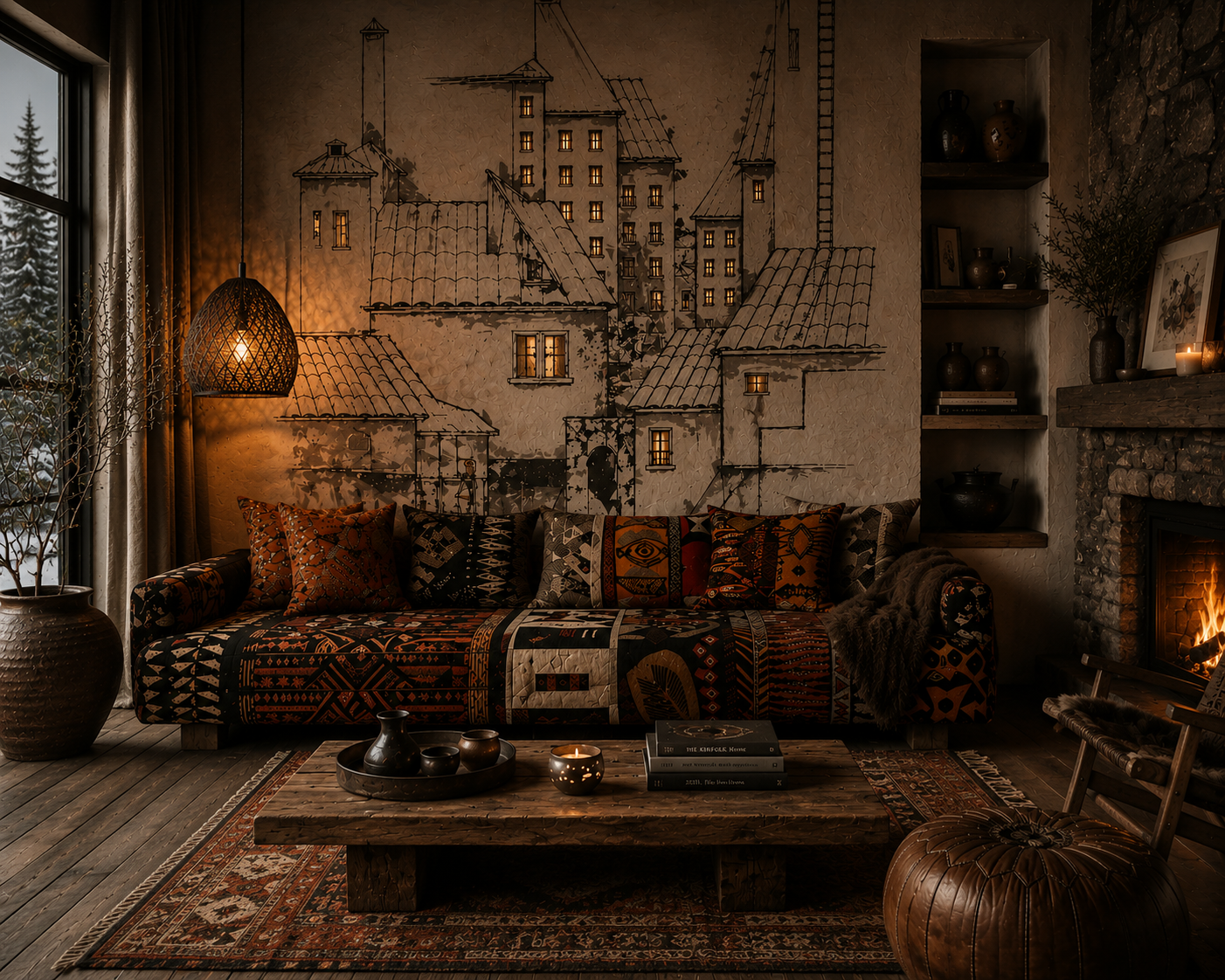 Cozy living room with warm lighting, decorated with patterned cushions and an ethnic-themed throw blanket on a sofa. Wooden coffee table with pottery and a lit candle. Wall mural of a city skyline at night with lit windows. Fireplace with glowing fir