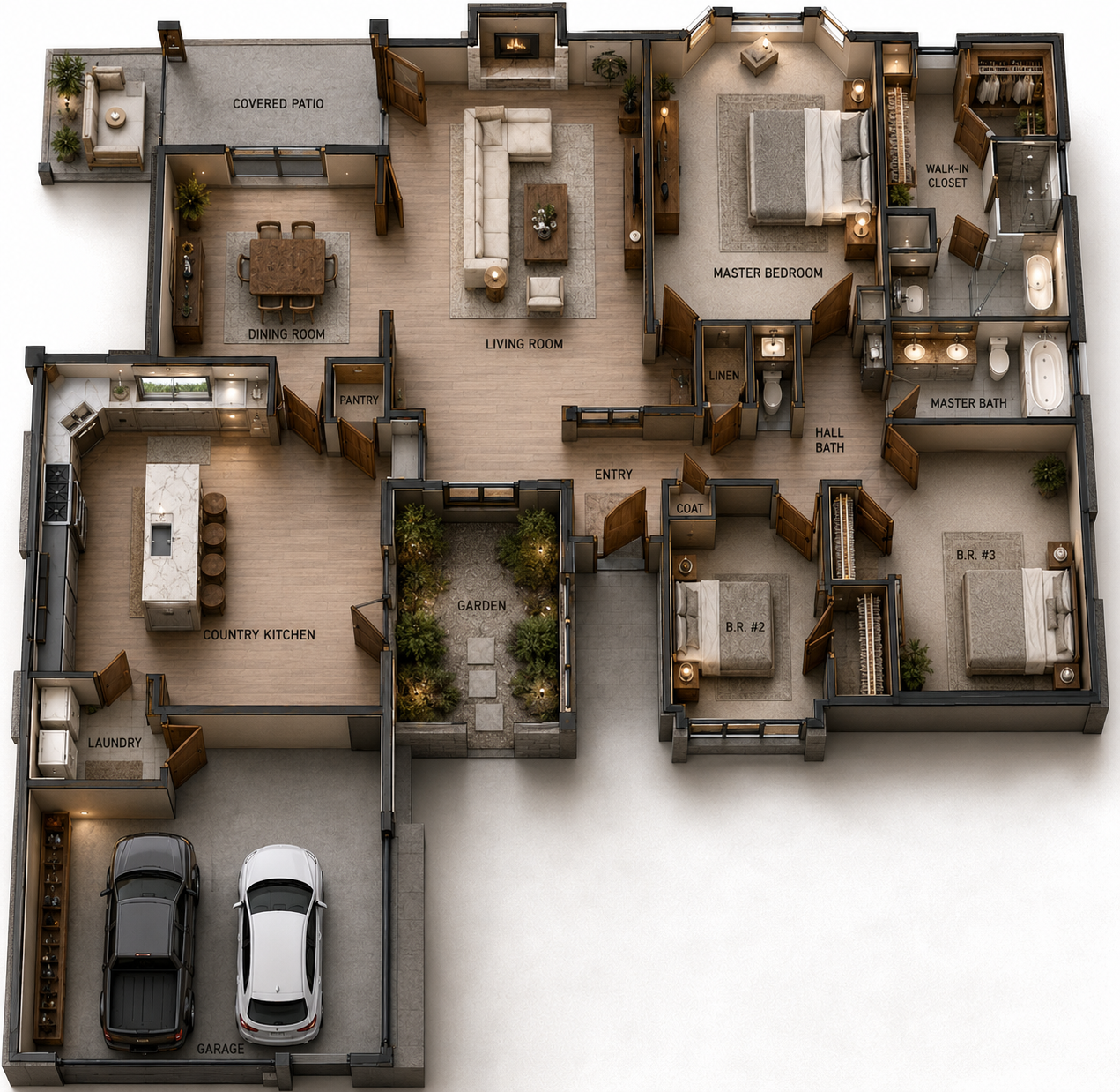 A floor plan of a house showing a covered patio, dining room, living room, master bedroom with walk-in closet and master bath, two additional bedrooms, hall bath, linen closet, pantry, country kitchen with island, laundry room, garage, and a central 