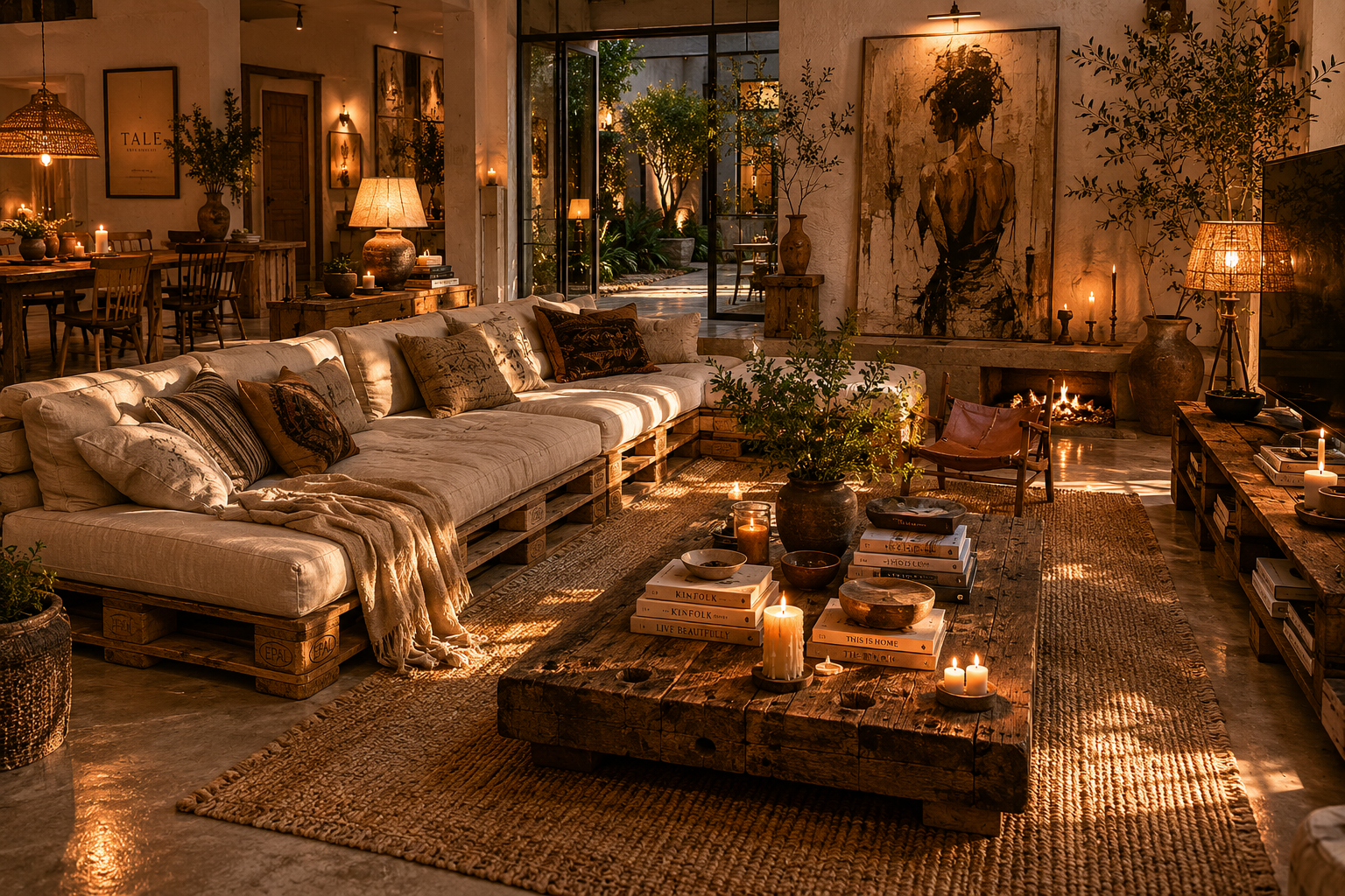 Cozy rustic living room with a long beige sofa made of wooden pallets, topped with decorative pillows, a large wooden coffee table with candles and books, a fireplace, large window with greenery outside, and warm ambient lighting.