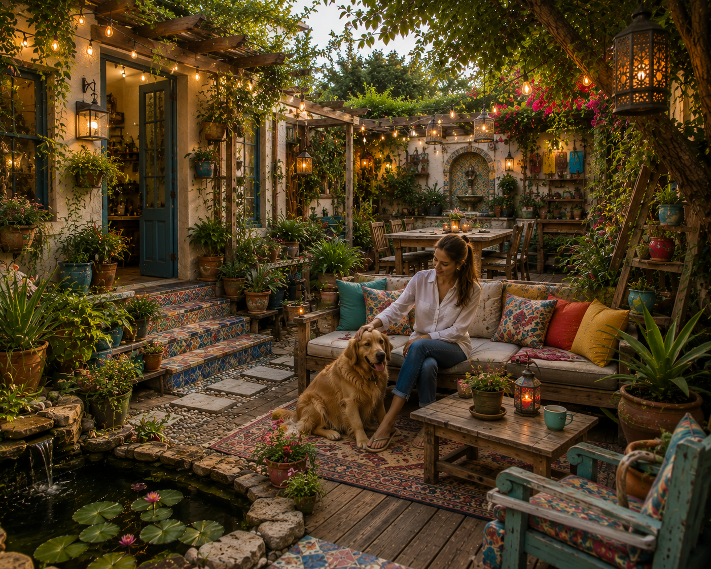 A woman sitting on a rustic outdoor sofa with colorful pillows, petting a golden retriever, in a cozy outdoor garden decorated with string lights, potted plants, and lanterns during dusk.