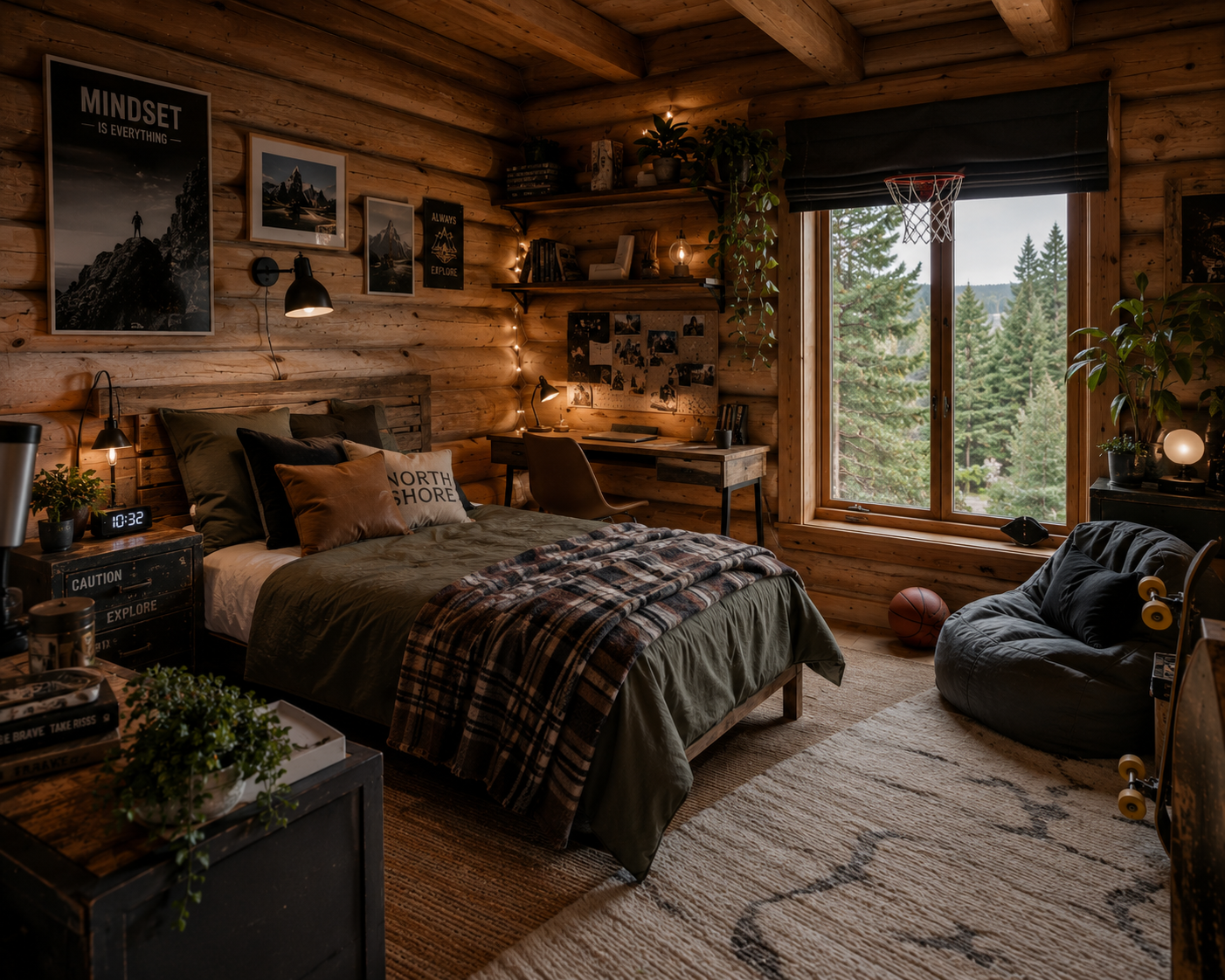 Cozy bedroom with wooden walls and ceiling, large window showing trees outside, bed with green bedding and multiple pillows, wall art including motivational posters, desk with lamp and photos, bean bag chair, skateboard, and plants.