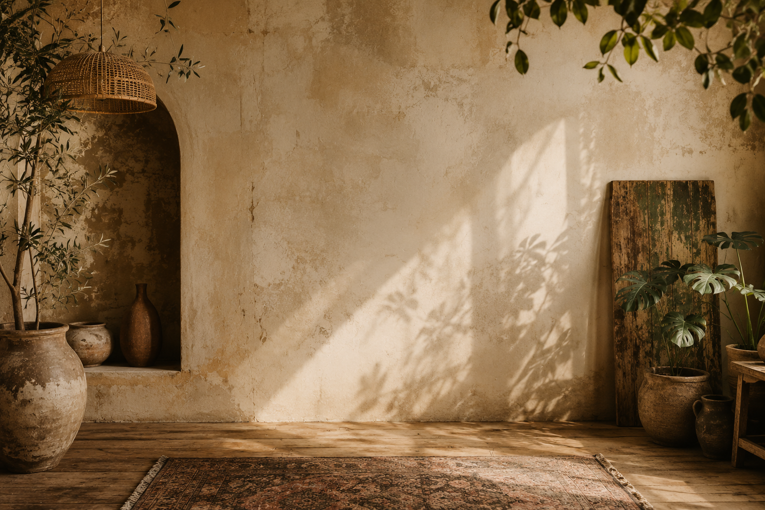 A rustic indoor space with a distressed beige wall, large potted plants, and vintage accessories. Sunlight shadows cast on the wall, with a wooden panel leaning against it and a patterned rug on the wooden floor.