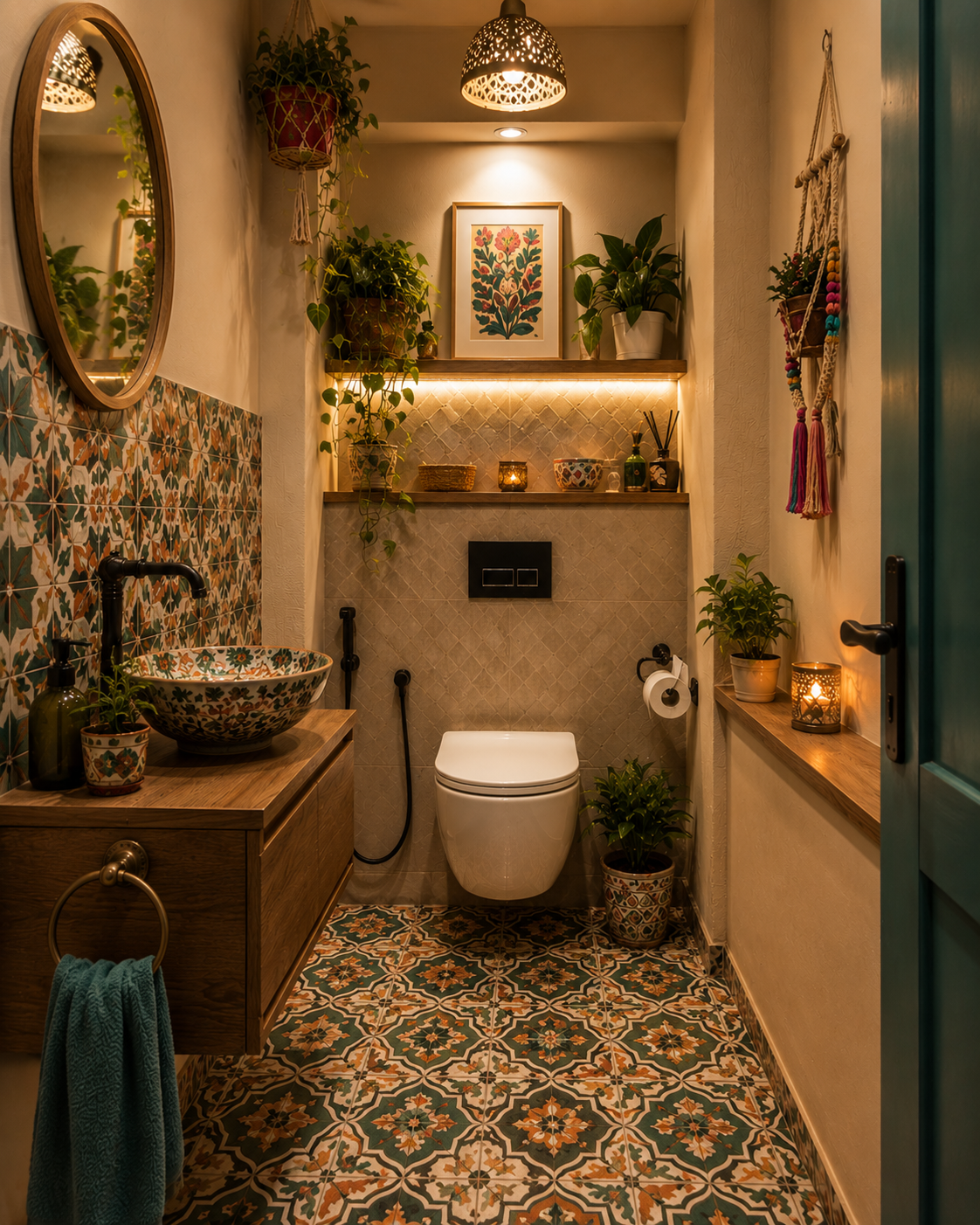 Small bathroom with patterned tile floor and wall, featuring a wall-mounted toilet, wooden vanity with patterned sink, mirror, potted plants, decorative shelves with plants and art, hanging tassel decorations, and warm ambient lighting.