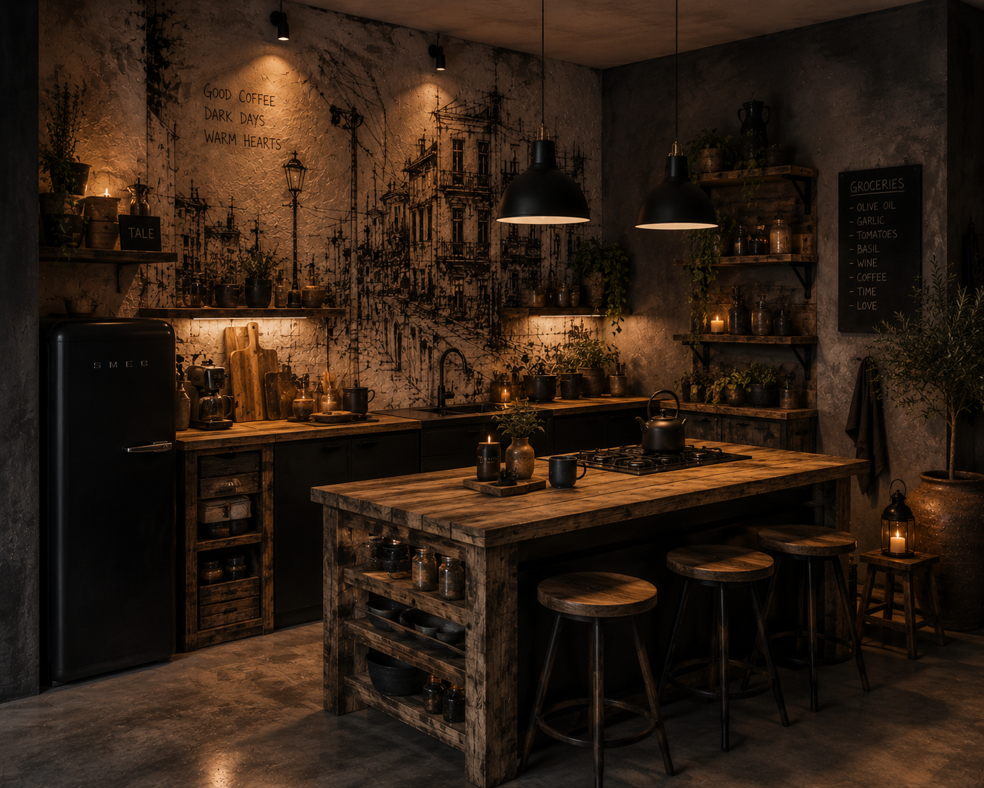 A cozy, rustic kitchen with warm lighting, featuring a wooden island, black appliances, shelves with plants and jars, and a textured wall with a cityscape mural, candles, and a chalkboard menu.