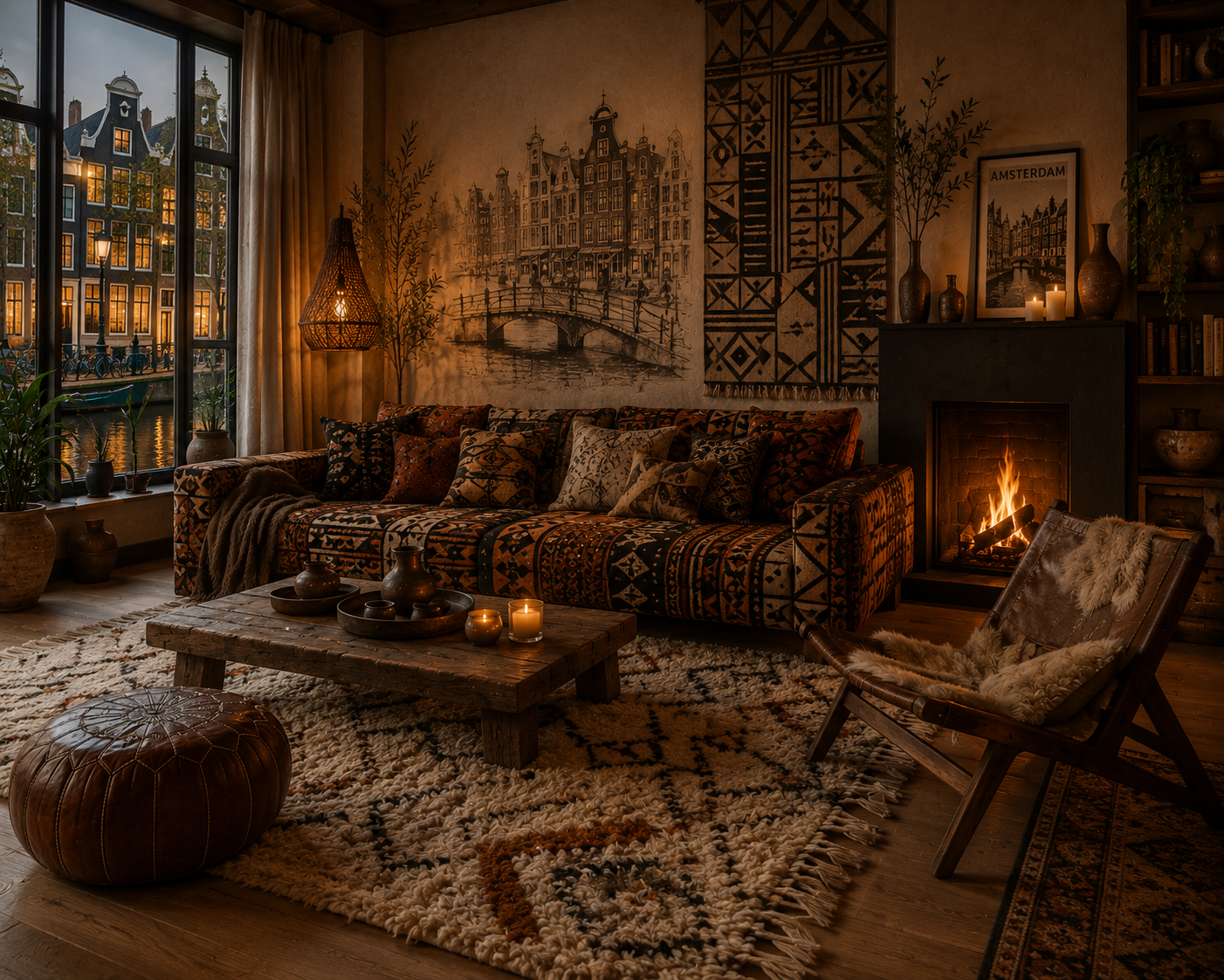 Cozy living room with a patterned sofa, fireplace, and large window overlooking a canal in Amsterdam, featuring warm lighting, decorative pillows, candles, potted plants, a wooden coffee table with pottery, and a leather chair with a fur throw.