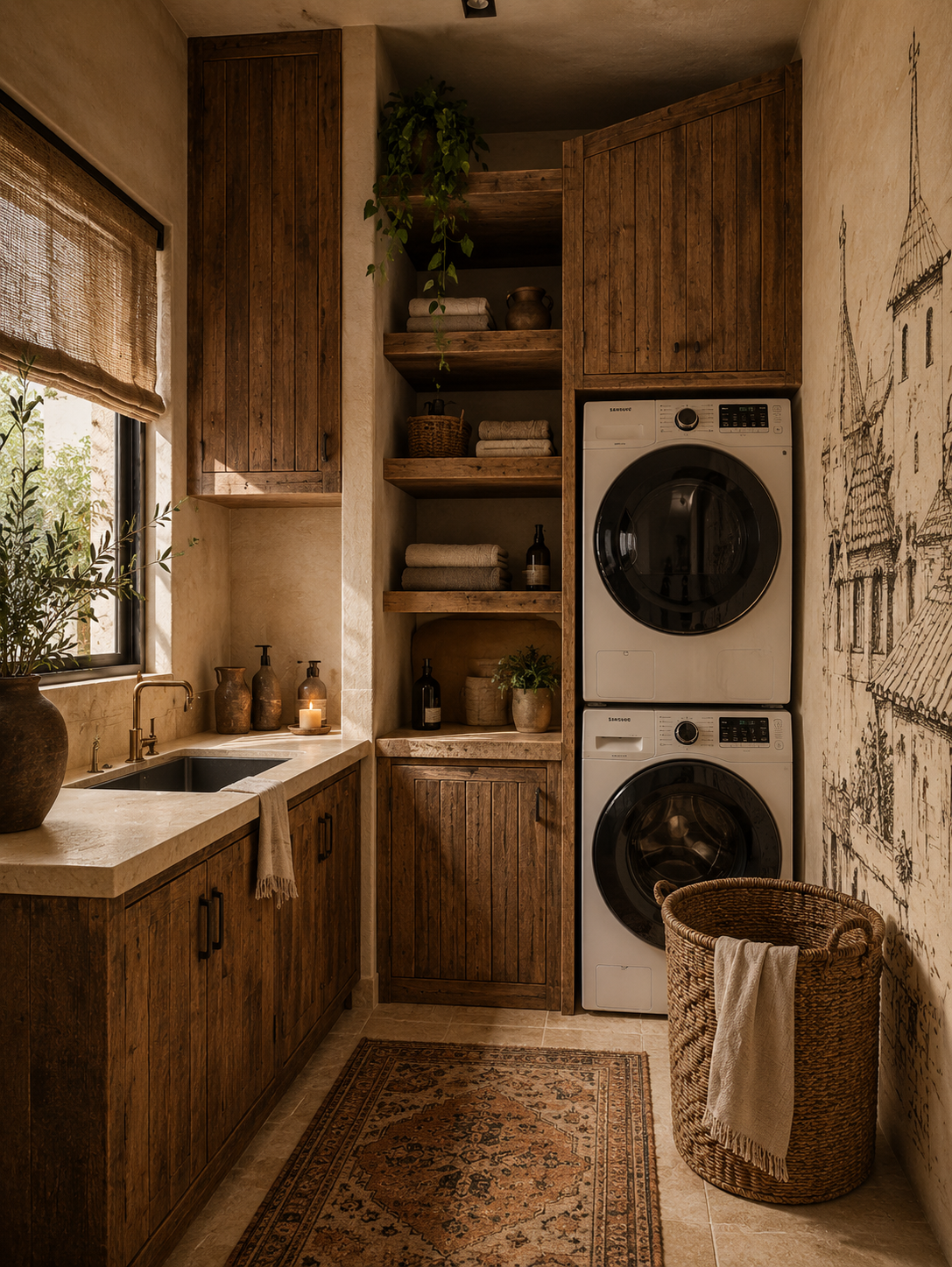 A  laundry room with wooden cabinets, open shelves with folded towels, potted plants, and bottles. A washing machine and dryer stacked vertically are on the right. There is a window with a woven blind, a sink with a golden faucet, decorative bottles,