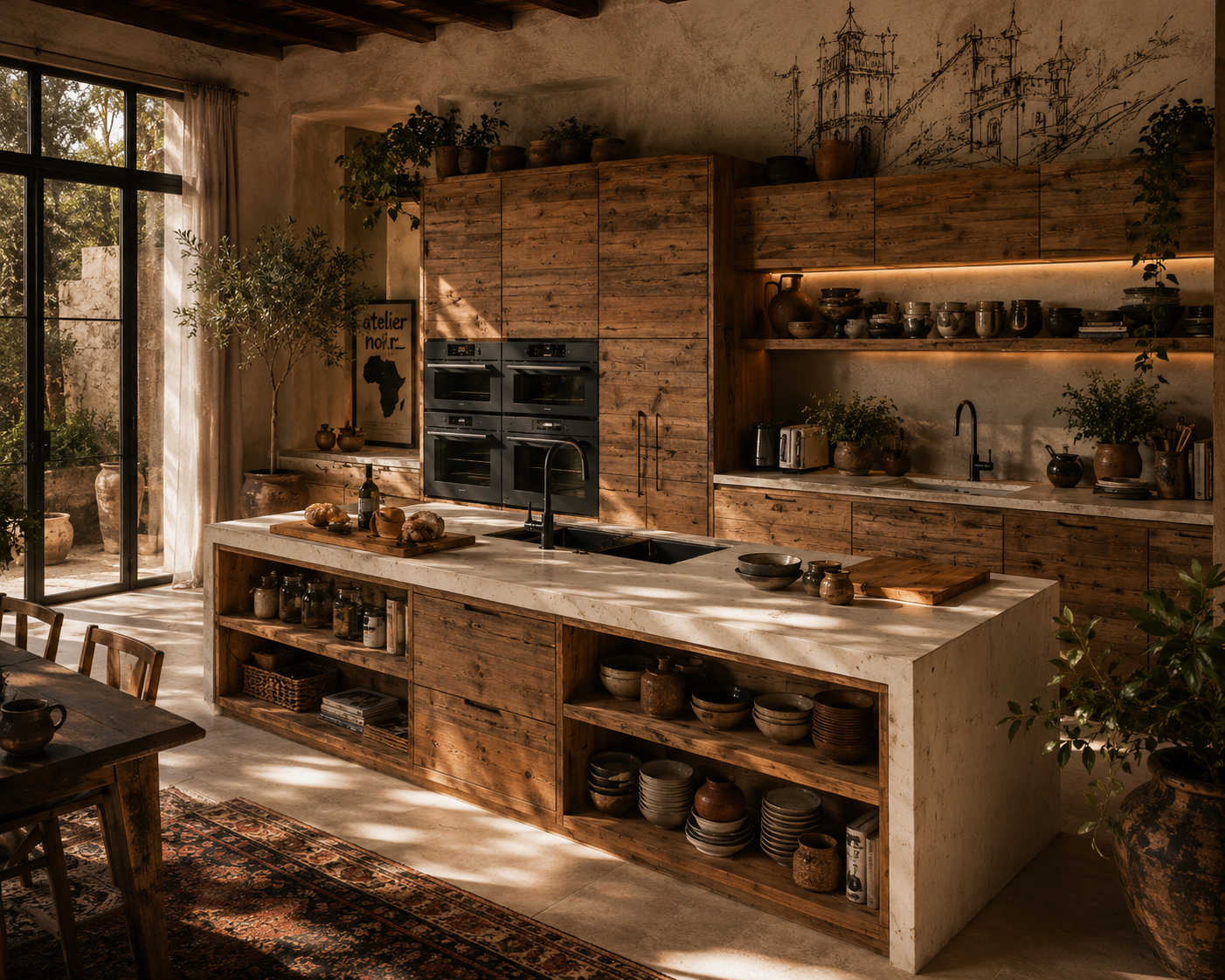 A rustic kitchen with wooden cabinets, open shelving with pottery, a marble island with a sink, and potted plants. Large glass door lets in sunlight, and a decorative sketch of a castle is on the wall.