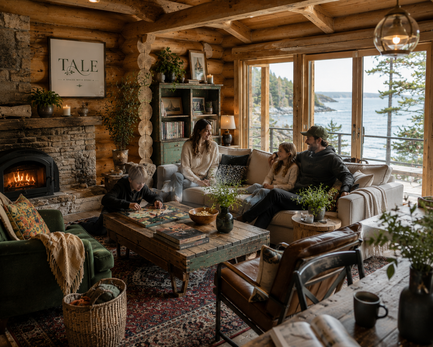 A family of five sitting together in a cozy log cabin living room with large windows overlooking a lake and trees, enjoying each other's company.
