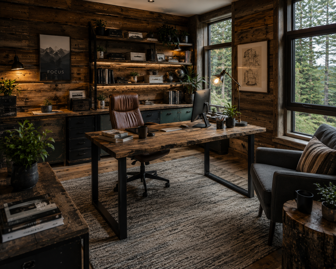 A rustic home office with a large wooden desk, leather chair, black filing cabinets, plants, books, and large windows overlooking a forest.