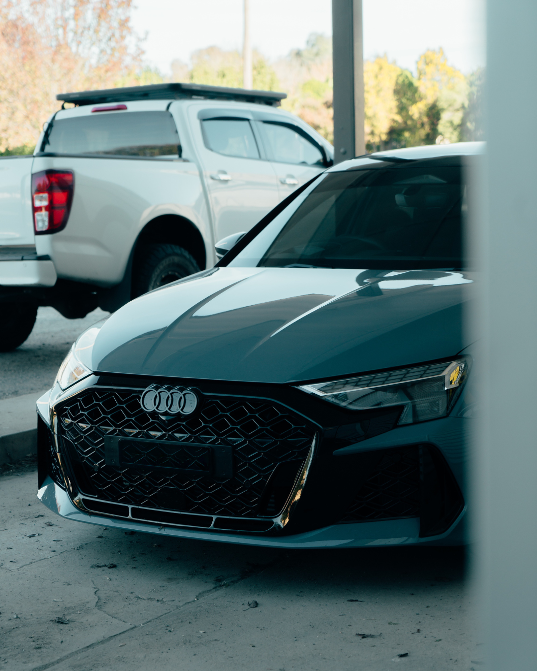 Black Audi car parked in front of a white pickup truck inside a garage, with trees and sky visible through the garage opening.