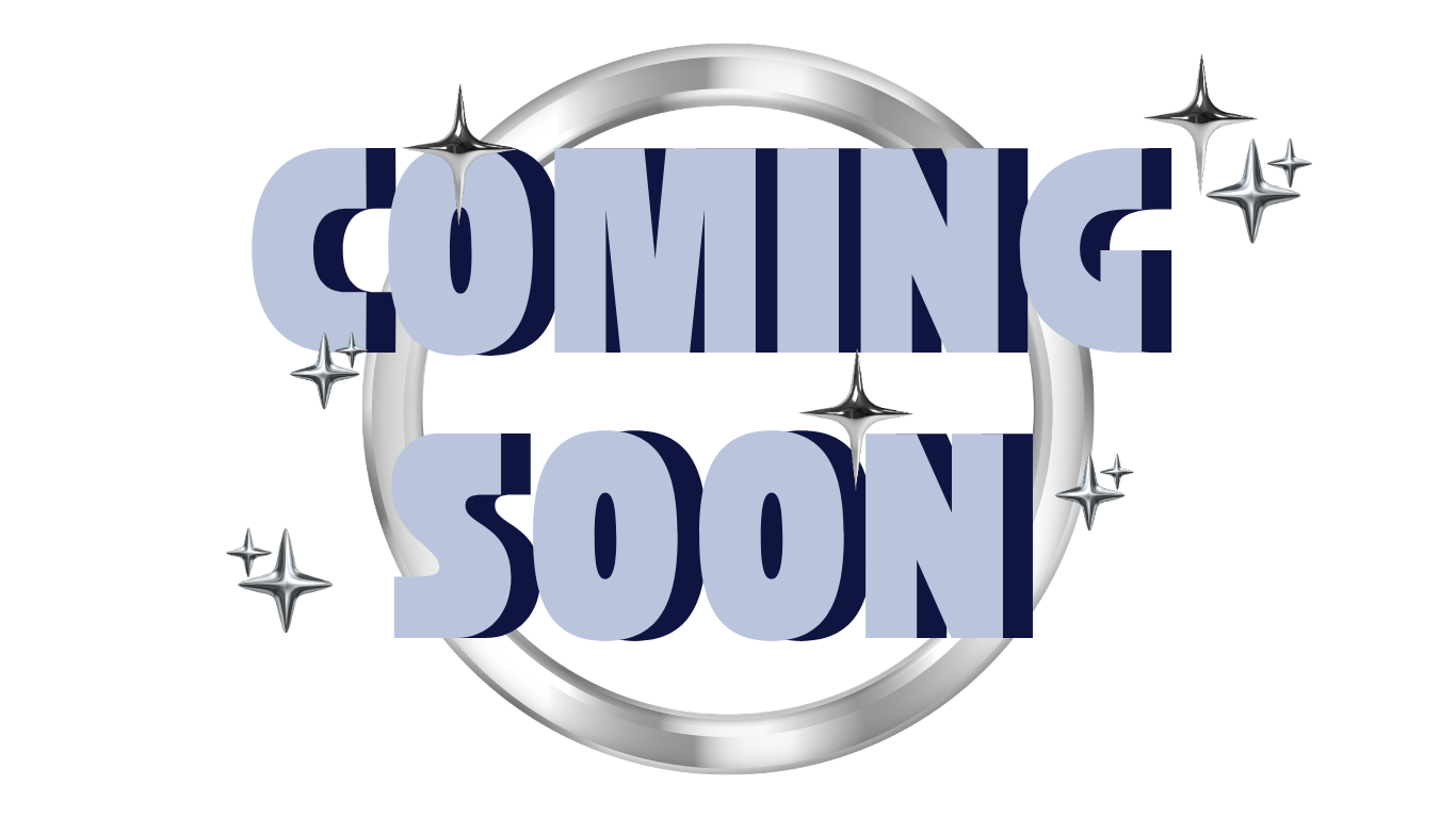 Silver circular frame with the words 'Coming Soon' in bold dark blue and light blue letters, decorated with shiny silver stars around the circle.