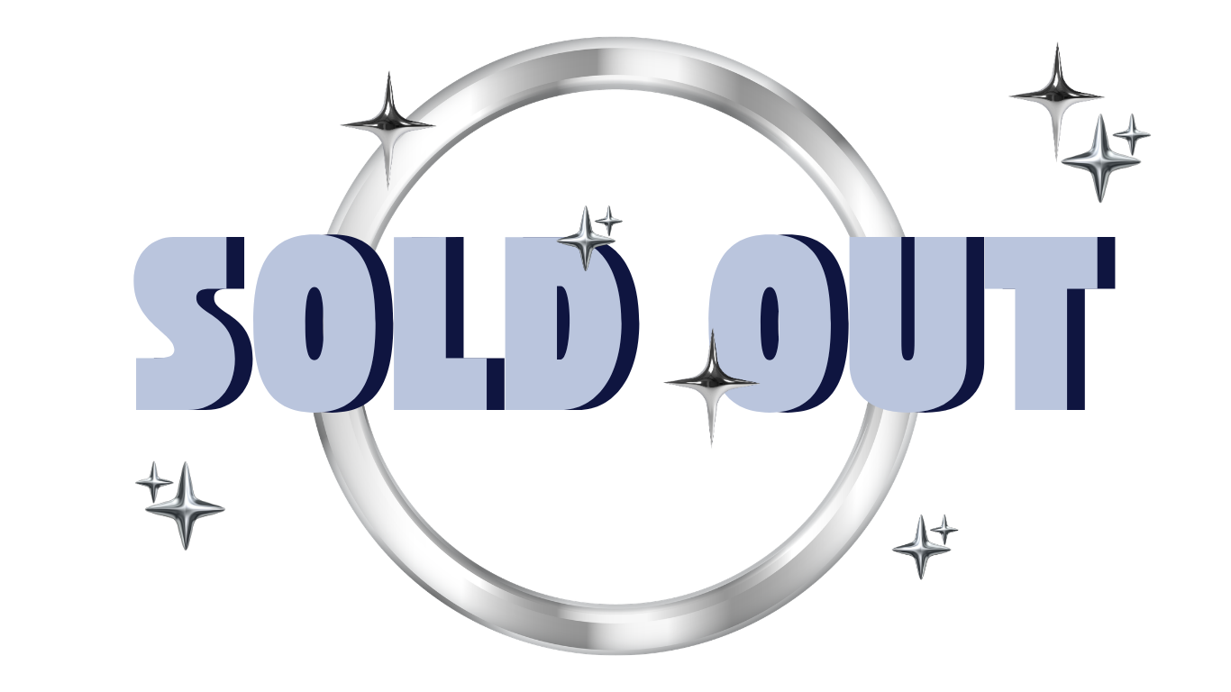 The image displays the words "SOLD OUT" in large, bold, gray and dark blue letters, with a shiny silver circular ring behind the text. Small, silver, star-shaped sparkles are scattered around the ring.