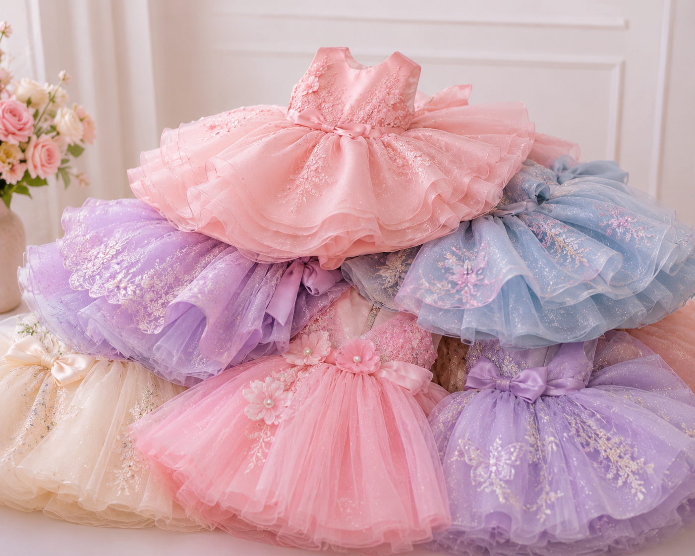 A collection of colorful, fancy dresses in pastel pink, purple, and blue with lace, floral, and ribbon details.
