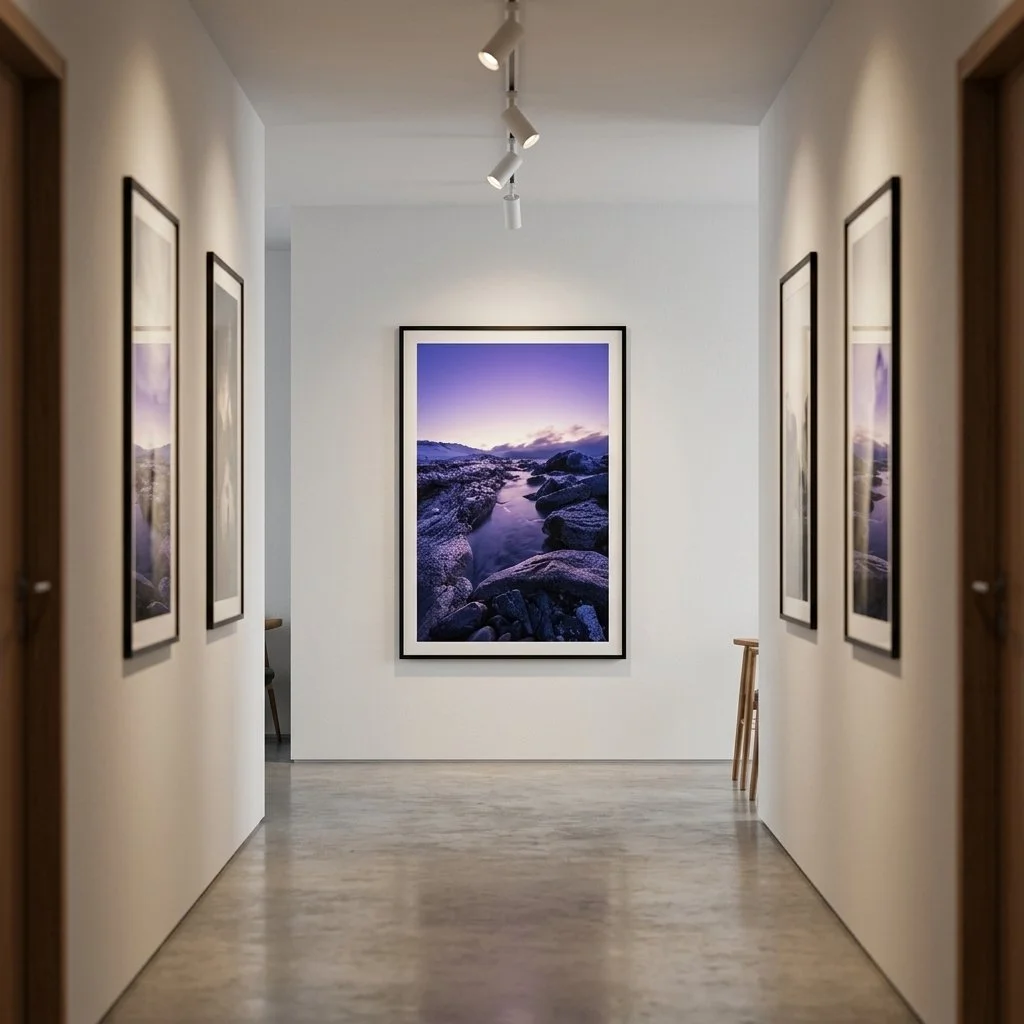 Gallery hallway with framed landscape photographs on white walls and track lighting, showcasing rocky shoreline scenes at sunset.