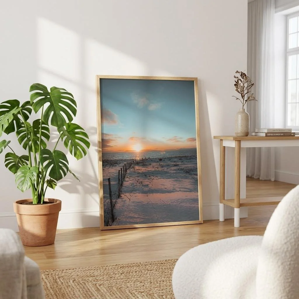 Room with a large framed beach sunset photo leaning against the wall, a potted Monstera plant on the floor, and a small wooden table with a vase and books near a window with white curtains.