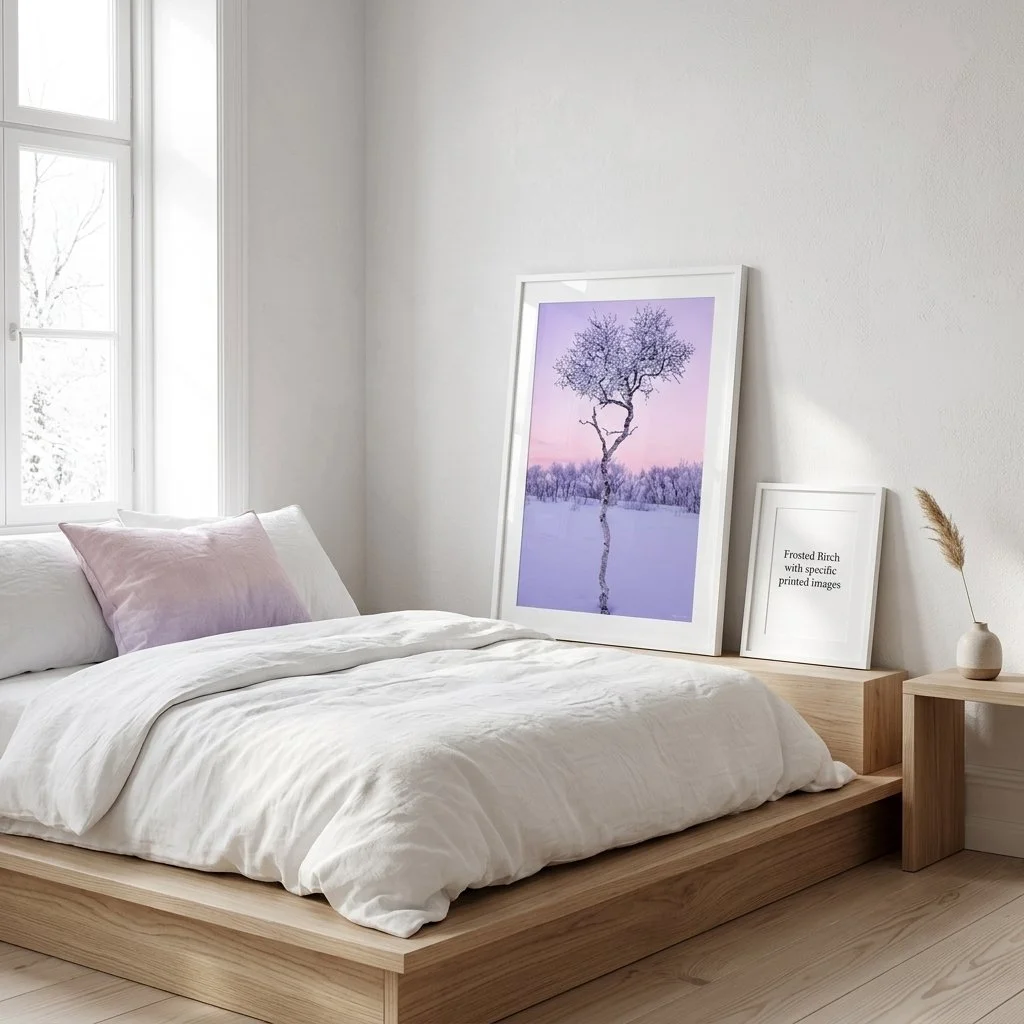 Minimalist bedroom with white walls, a large window, a bed with white linens and a pink pillow, a framed photo of a tree in snow, and a small vase with a dried plant on a wooden bedside table.