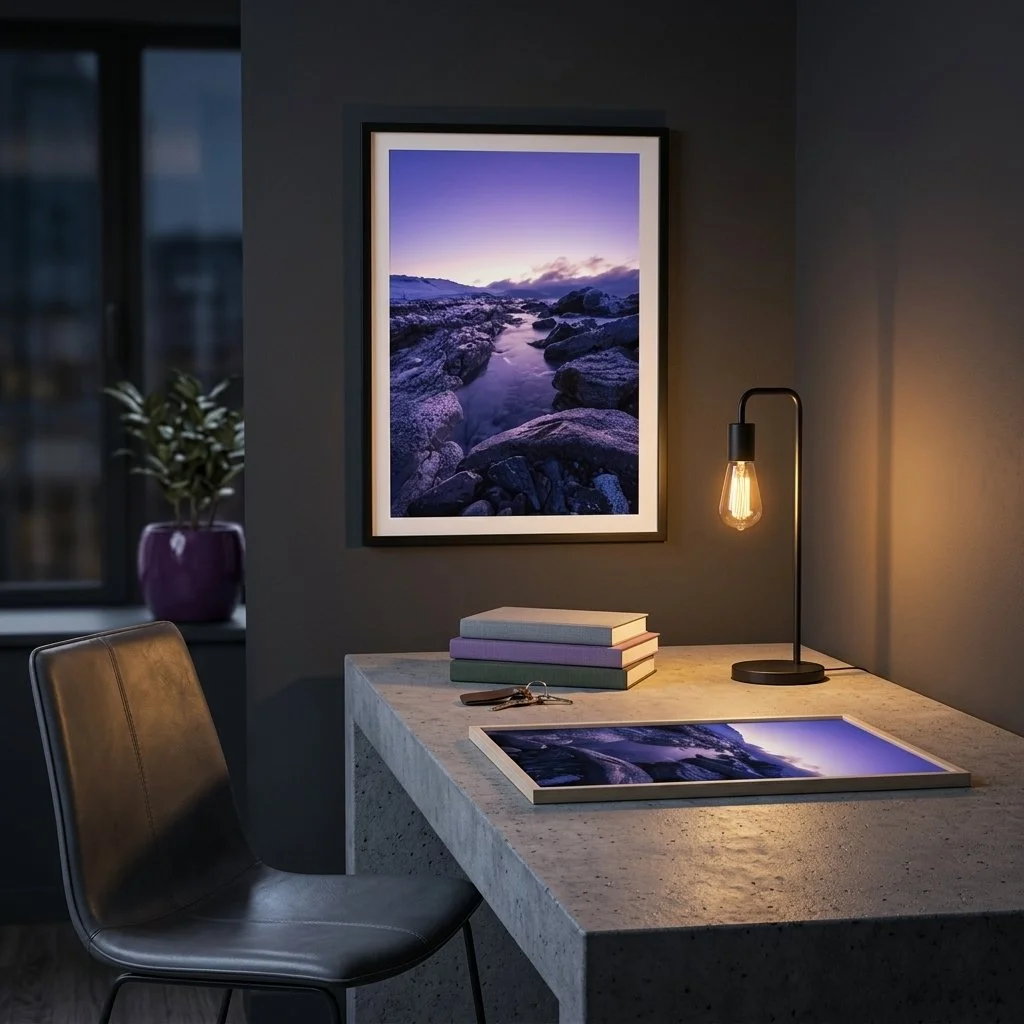 Interior of a workspace with a desk, a black chair, a framed landscape photo of rocks and water at sunset on the wall, a small table lamp emitting warm light, and a stack of books on the desk. There is a potted plant on the windowsill.