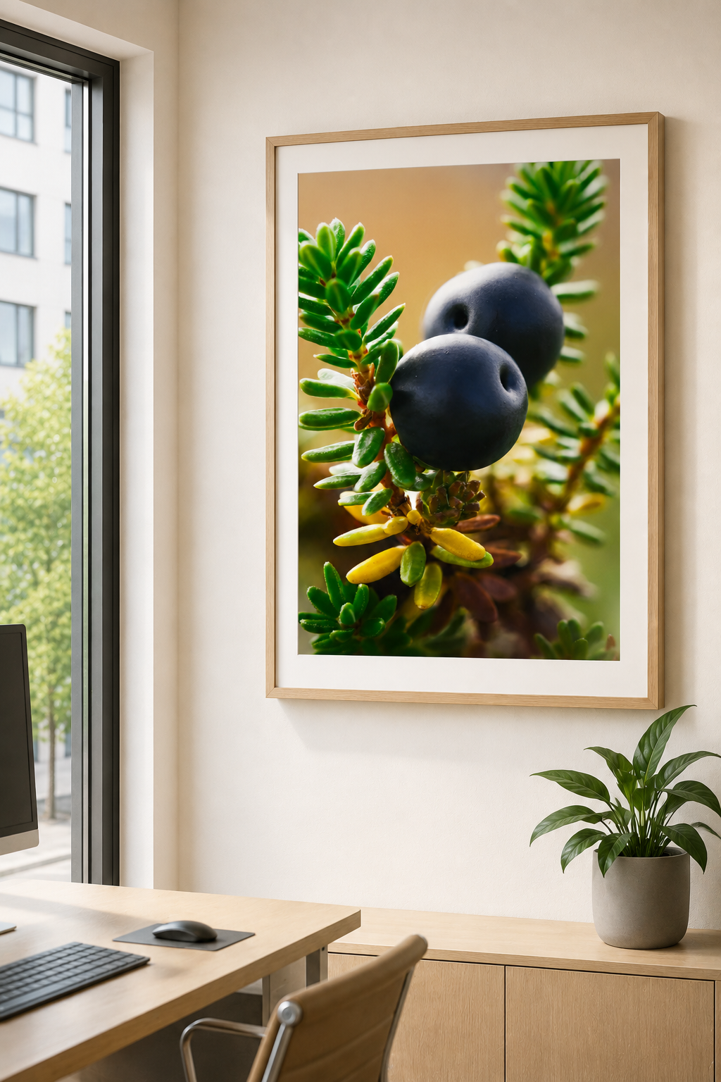 Decorative framed photograph of a close-up of a plant with green leaves and dark berries hanging, on a wall in an office with natural light from a window.