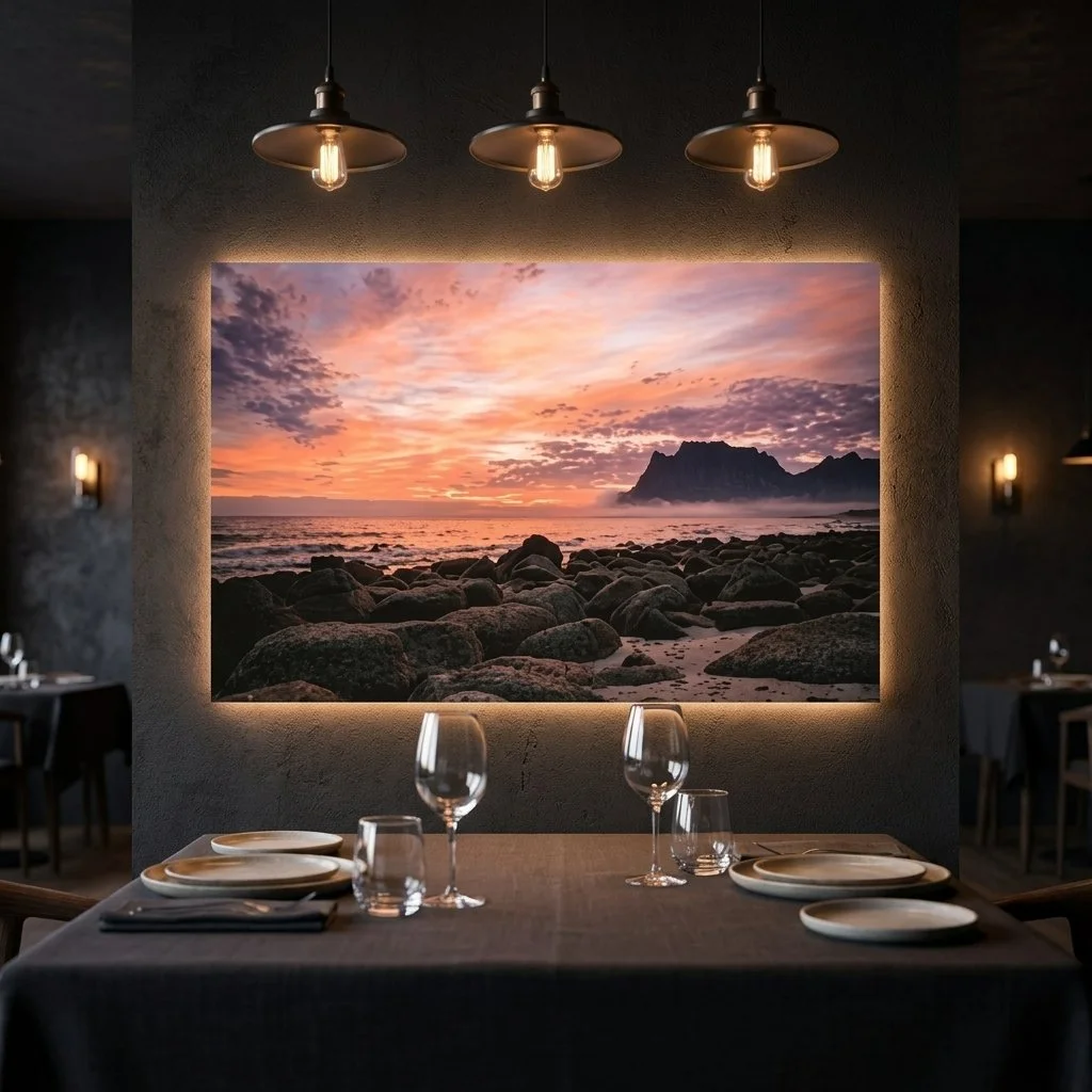 A restaurant interior featuring a large canvas of a sunset over a rocky beach with a mountain in the background, illuminated by three hanging light fixtures.