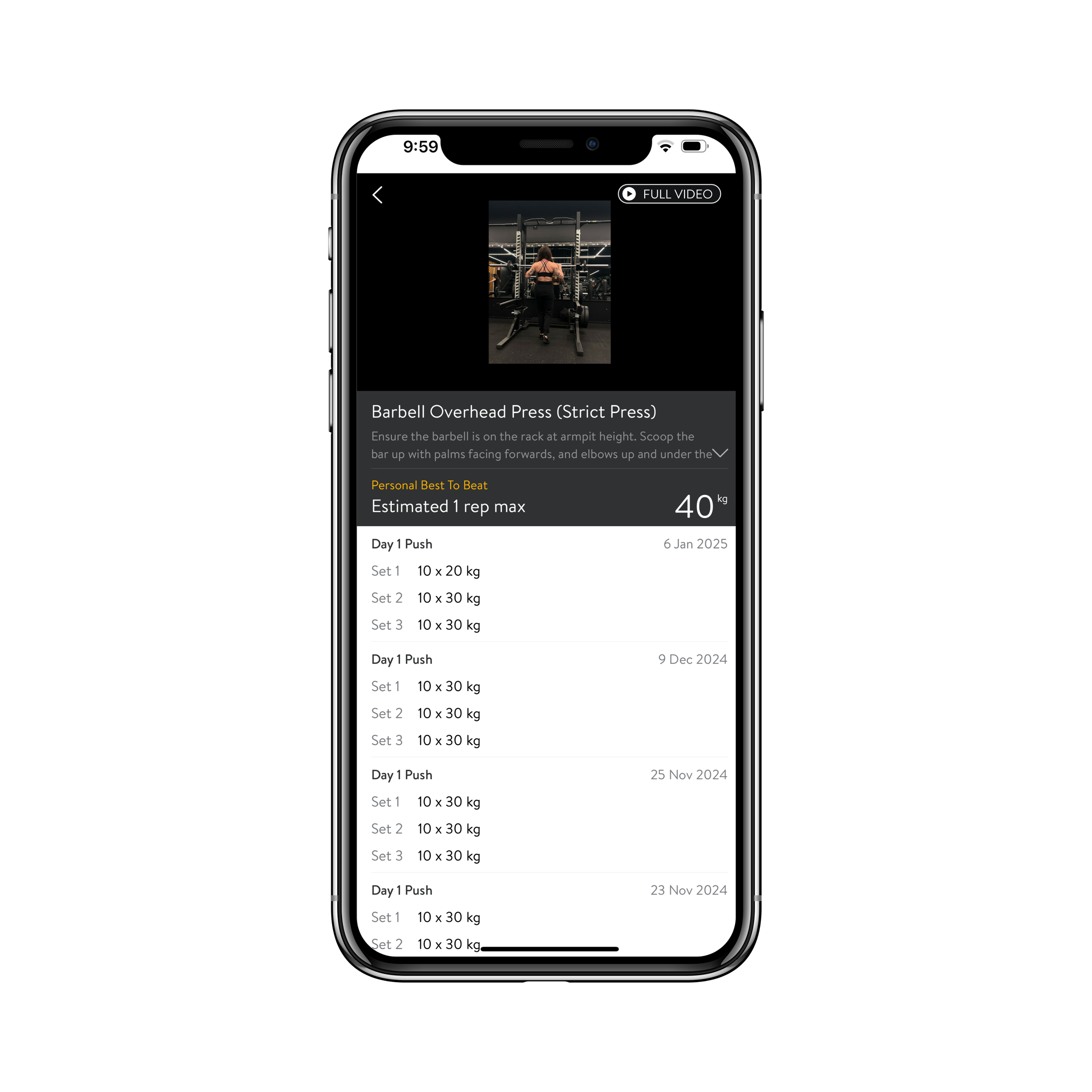 An iPhone screen displays a workout tracking app with a video of a woman at the gym performing a deadlift. The app shows instructions for a barbell overhead press, with previous workout data including repetitions and weights.