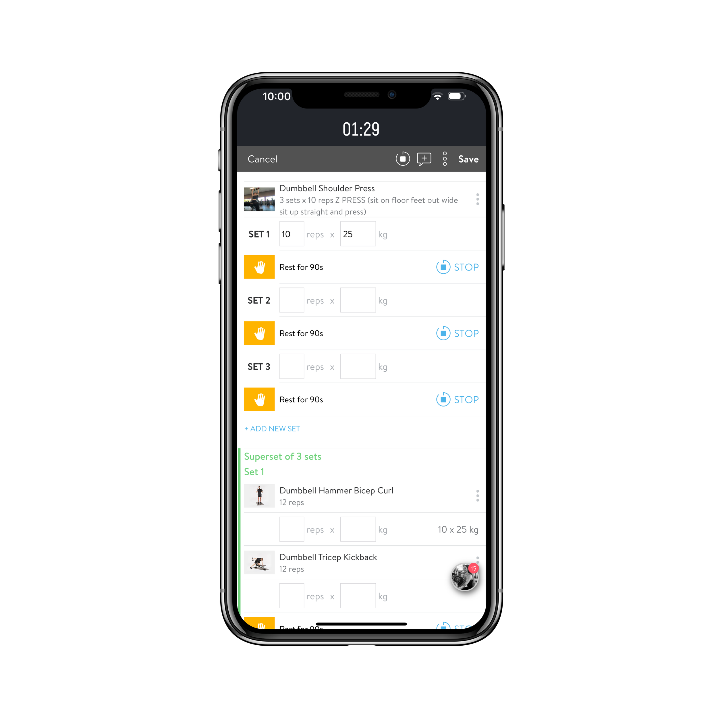 Close-up of a smartphone displaying a workout tracking app with workout sets and exercises, including dumbbell shoulder press and tricep kickback.