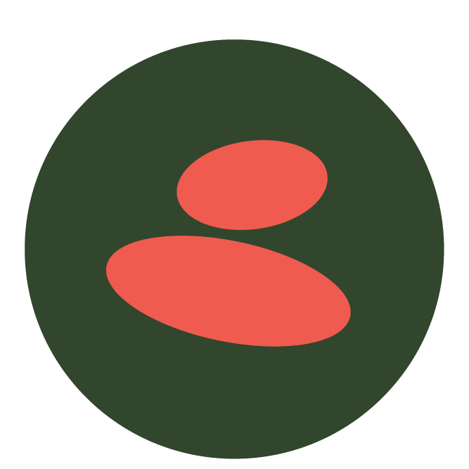 A stylized illustration of a green circle with three red oval shapes inside.
