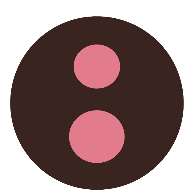 A close-up illustration of a dark brown button with two pink circular holes.