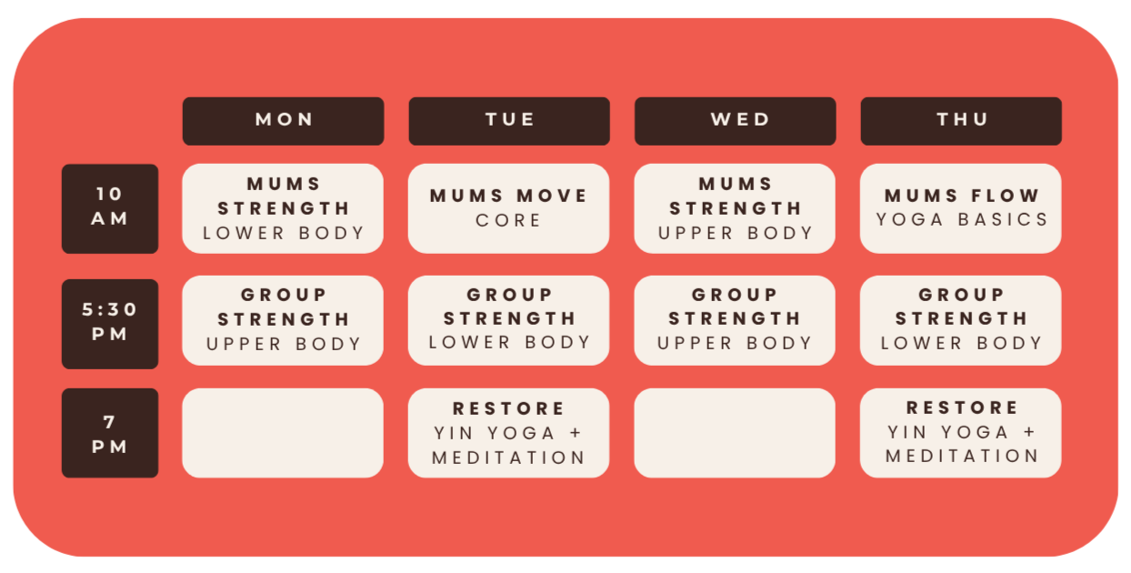 Weekly fitness schedule chart with classes from Monday to Thursday at different times including strength training, yoga, and meditation.