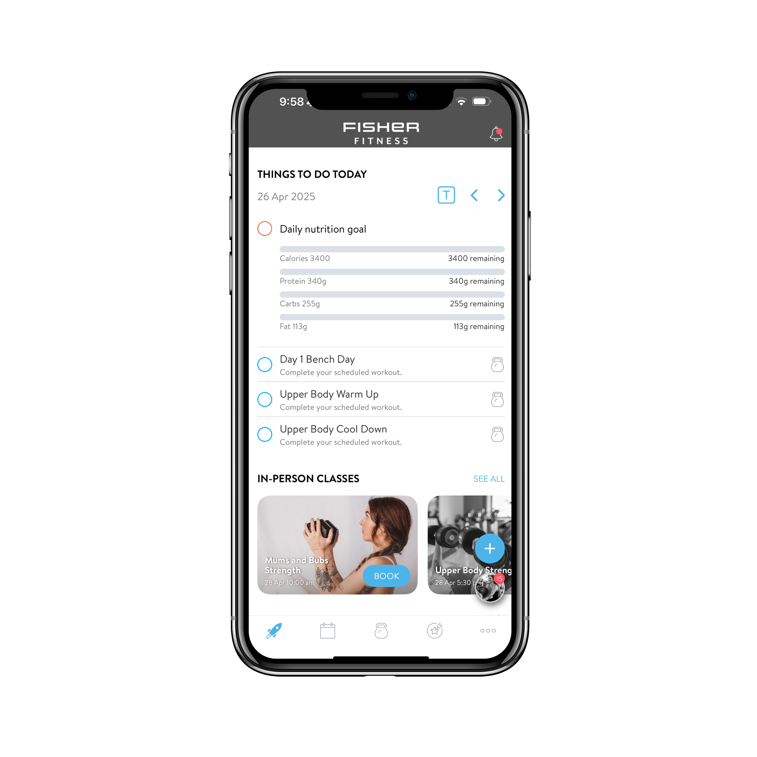 A smartphone screen displaying the Fisher Fitness app with a list of fitness activities, including in-person classes and workout options, and a woman holding a dumbbell in the background.
