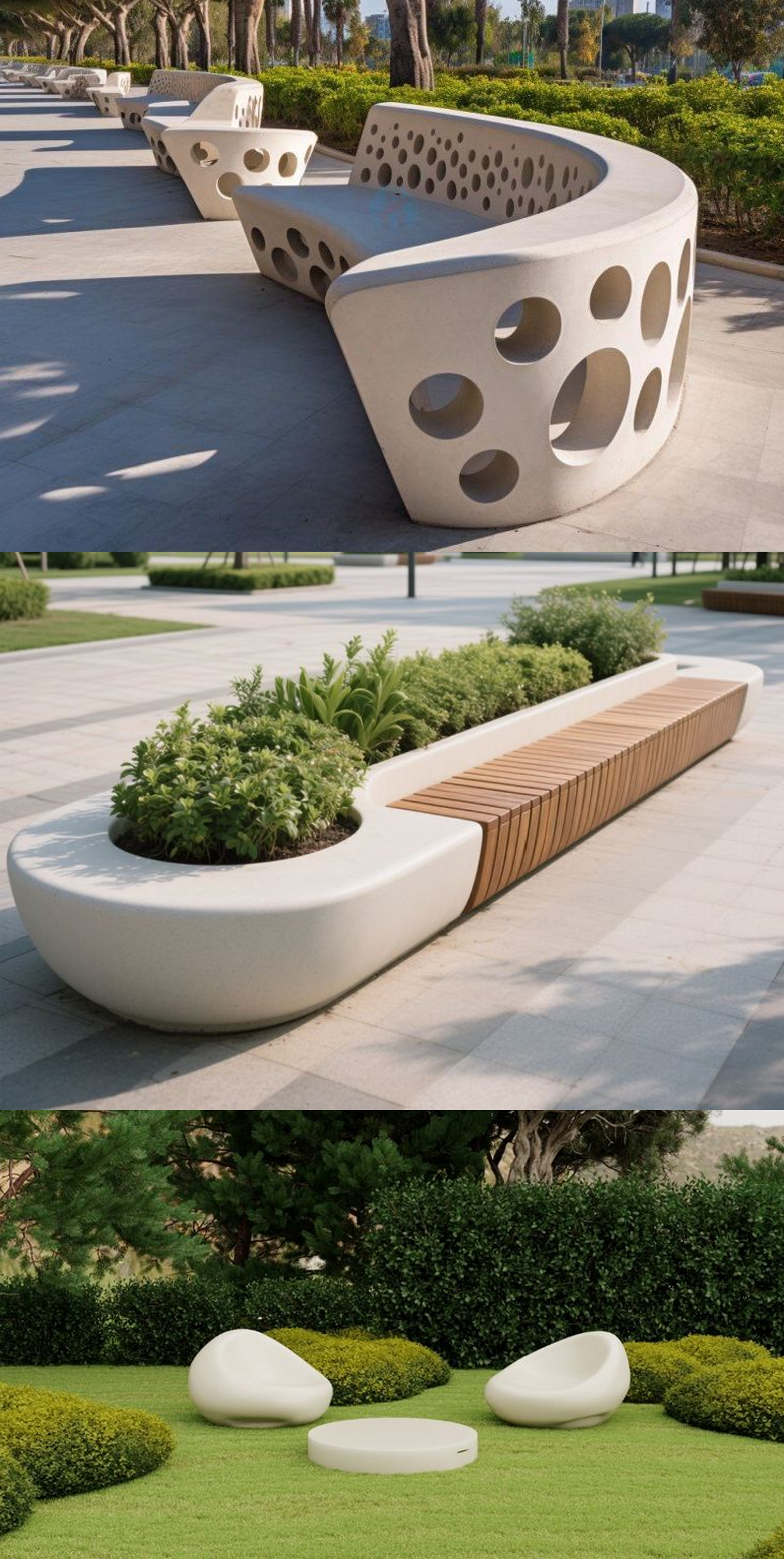 Three modern outdoor benches with unique designs placed in park settings, surrounded by trees, shrubs, and greenery.