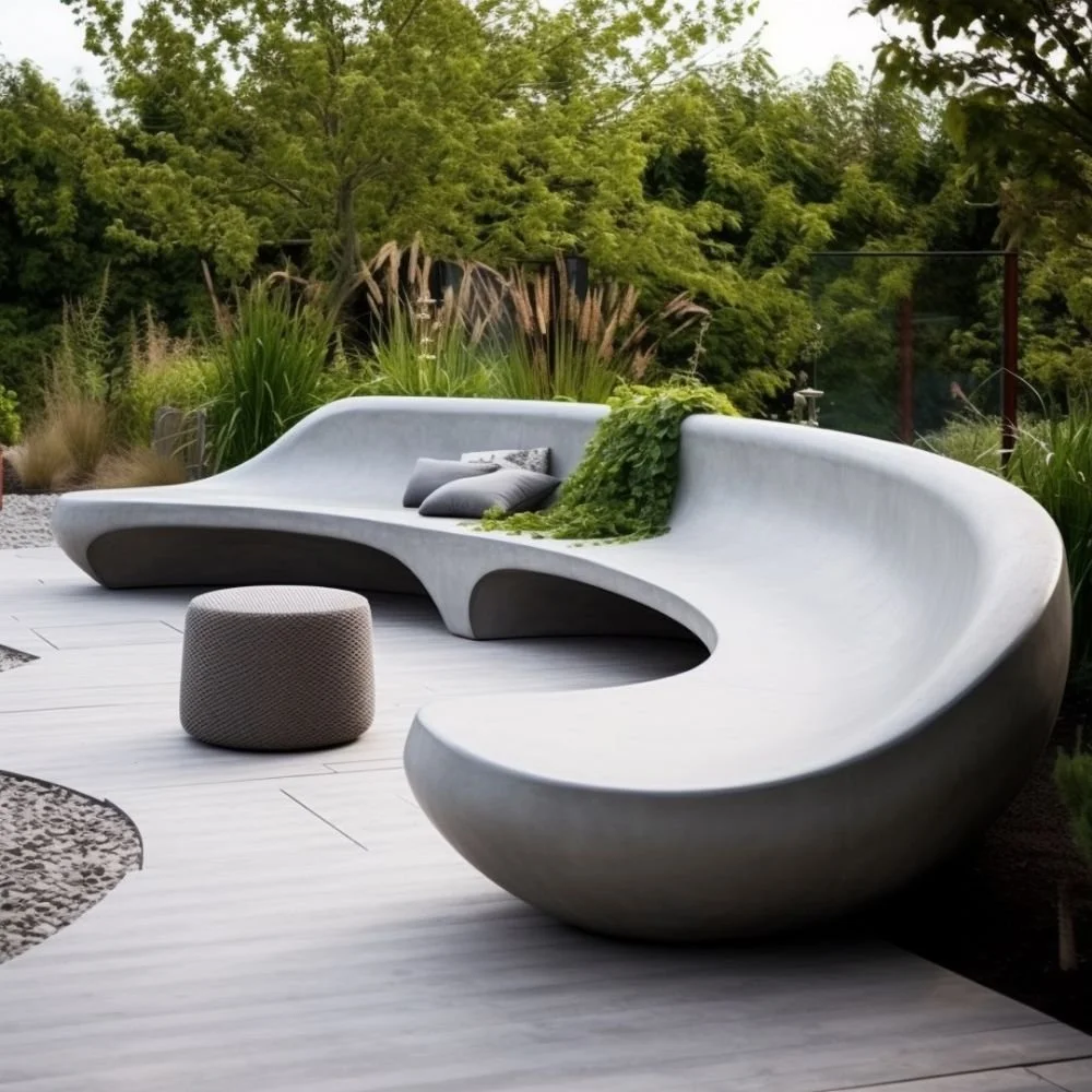 Modern outdoor concrete seating with cushions and a pouf, surrounded by greenery and plants.