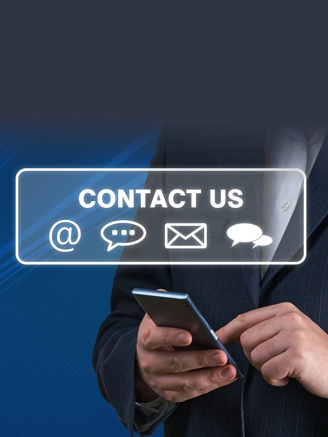 Business person in a suit holding a smartphone with a virtual contact us message and icons for email, chat, and social media above.