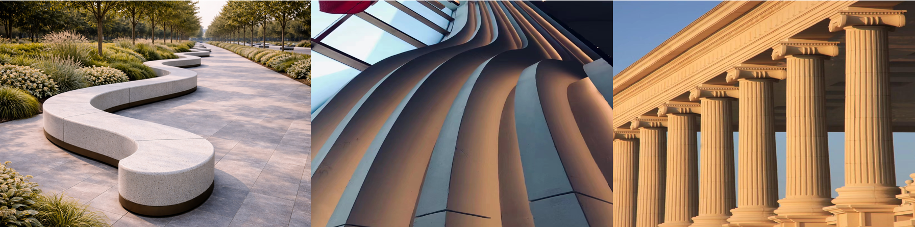 Three images: a modern curved concrete bench in a landscaped park, an interior view of a spiral staircase with metallic steps, and a close-up of a classical Greek-style building with tall columns.