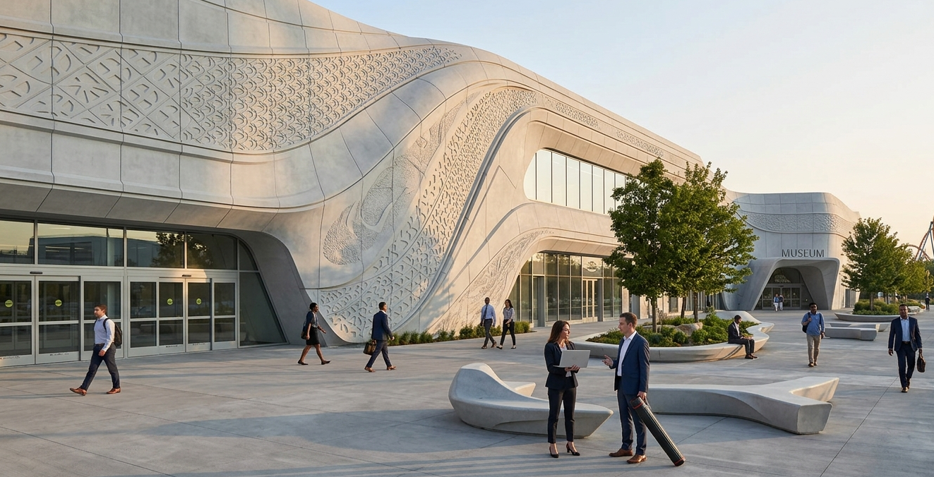 Modern museum building with curved architecture and intricate patterns on the exterior walls, outdoors with people walking and sitting, trees, and benches.
