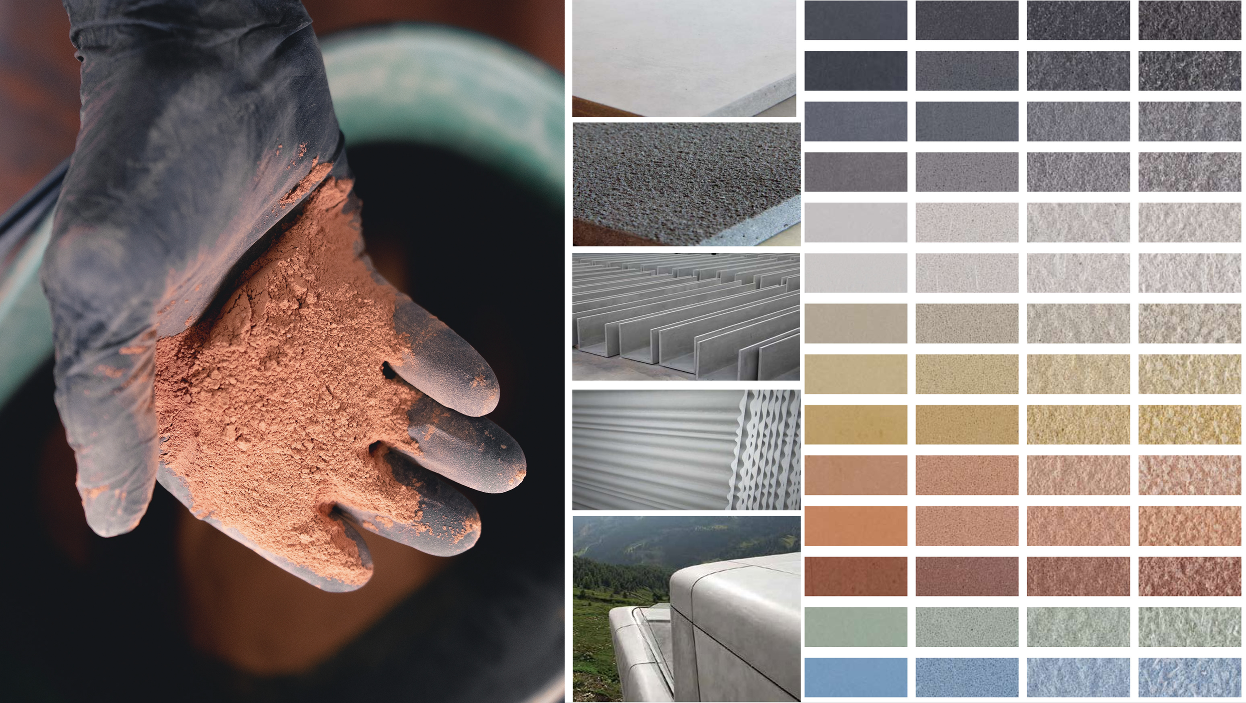 Close-up of a gloved hand holding reddish-brown powdered material, possibly soil or pigment, with various texture and color samples of construction and decorative materials displayed on a chart alongside landscape scenery.